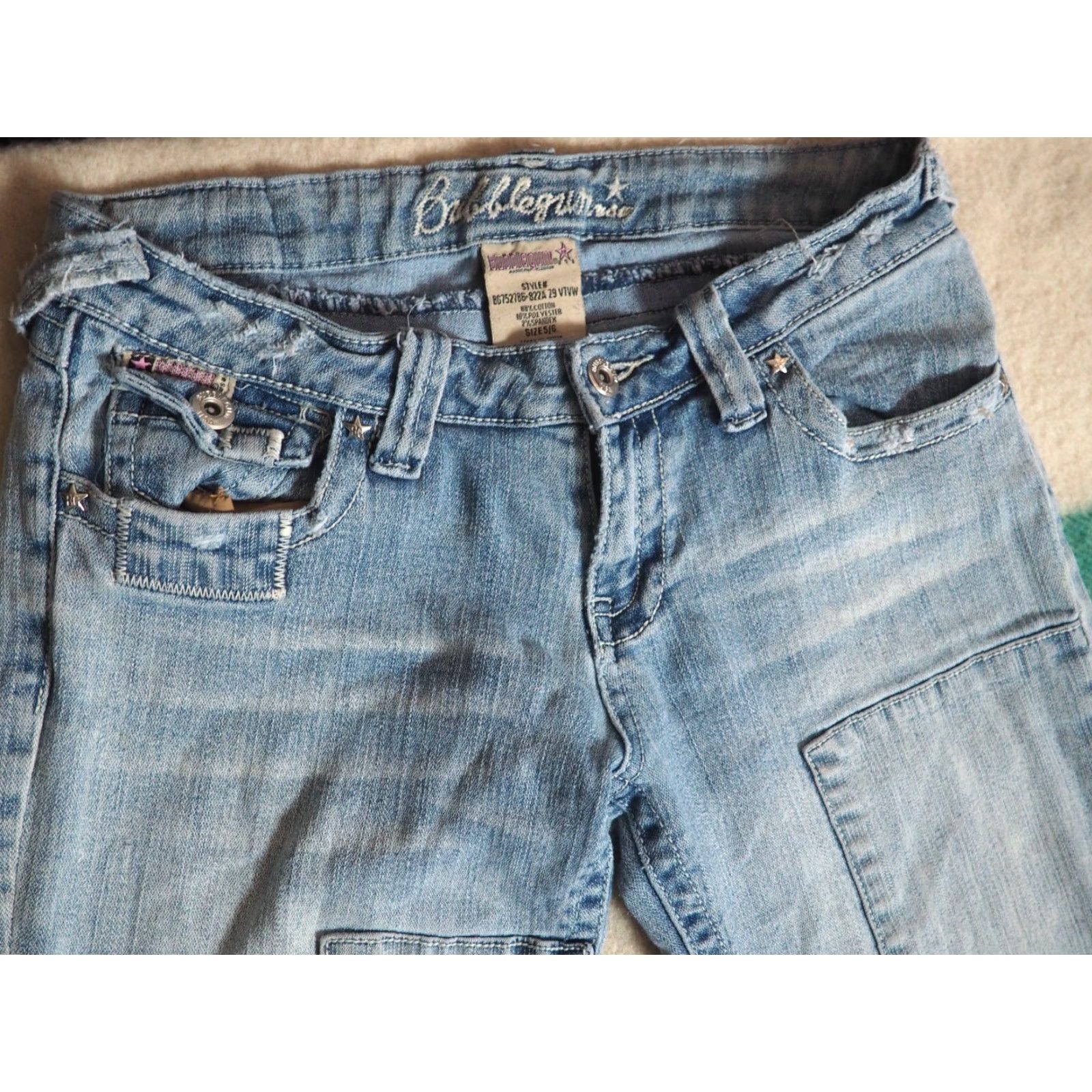 Vintage VTG Bubblegum Jeans Low Rise 29x31 Denim Flare Patchwork Blue Womens Regular Front Pockets Logo Grunge 2000s Style Size 29" - 3 Thumbnail