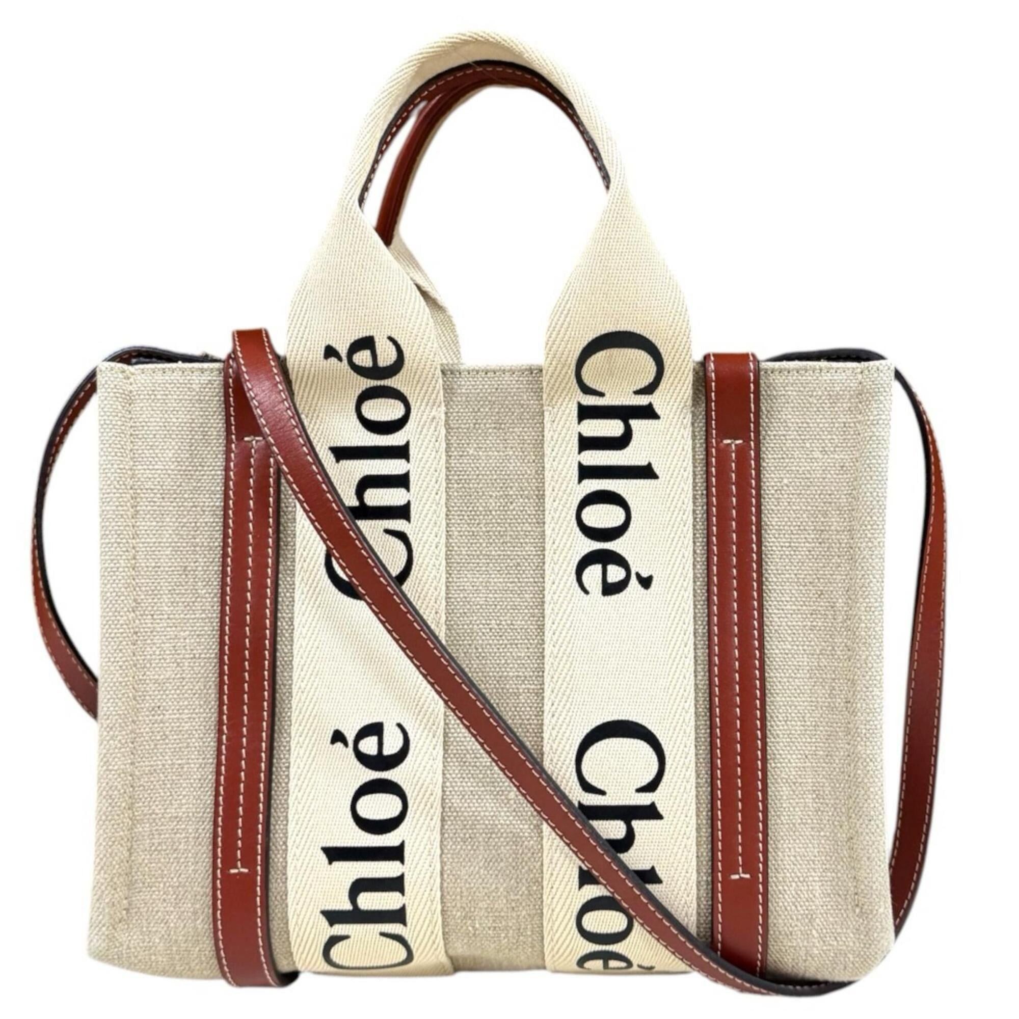 Chloe Chloé Chloe Woody Small Tote Shoulder Bag, Linen CHC22AS397I26, Brown, Women's, 2-way Size ONE SIZE - 1 Thumbnail