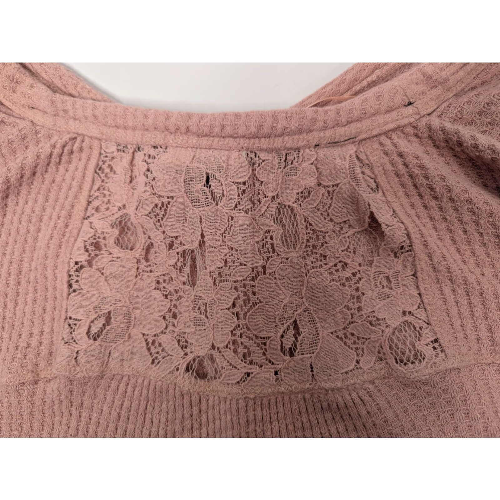 Vintage Knox Rose Women’s Pink Waffle Knit Thermal Tie Front Long Sleeve Lace Top XL Blouse Size XL / US 12-14 / IT 48-50 - 6 Thumbnail