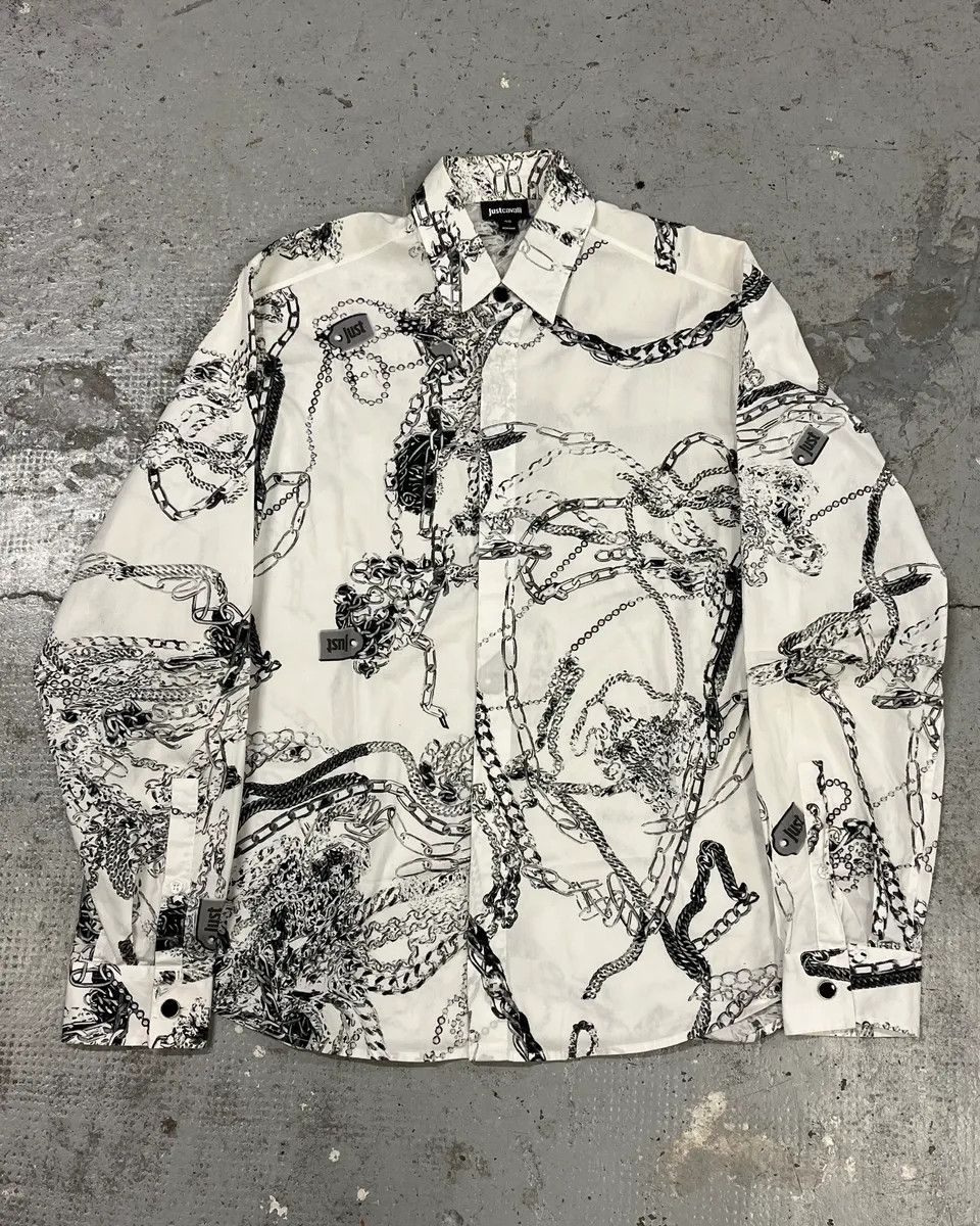 Just Cavalli AW2019 Cavalli White Chain Linked Mafia Shirt Size US S / EU 44-46 / 1 - 1 Thumbnail