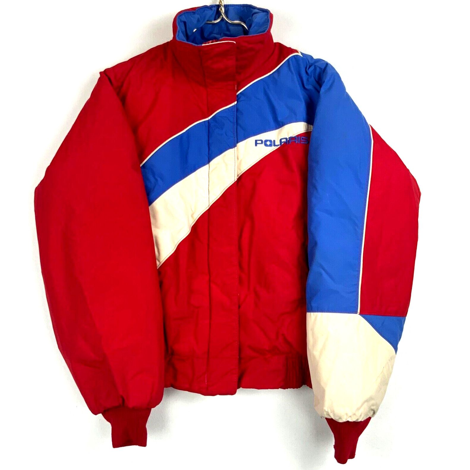 image of Solaris Vintage Polaris Women’S Snowmobile Racing Puffer Bomber Jacket Size Medium Red in White, Wo