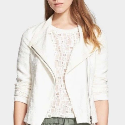 Vince NWT Vince Women's Jacket Biker Asymmetrical Zip Stretch Cotton Frise Sz M Cream Size M / US 6-8 / IT 42-44 - 2 Thumbnail