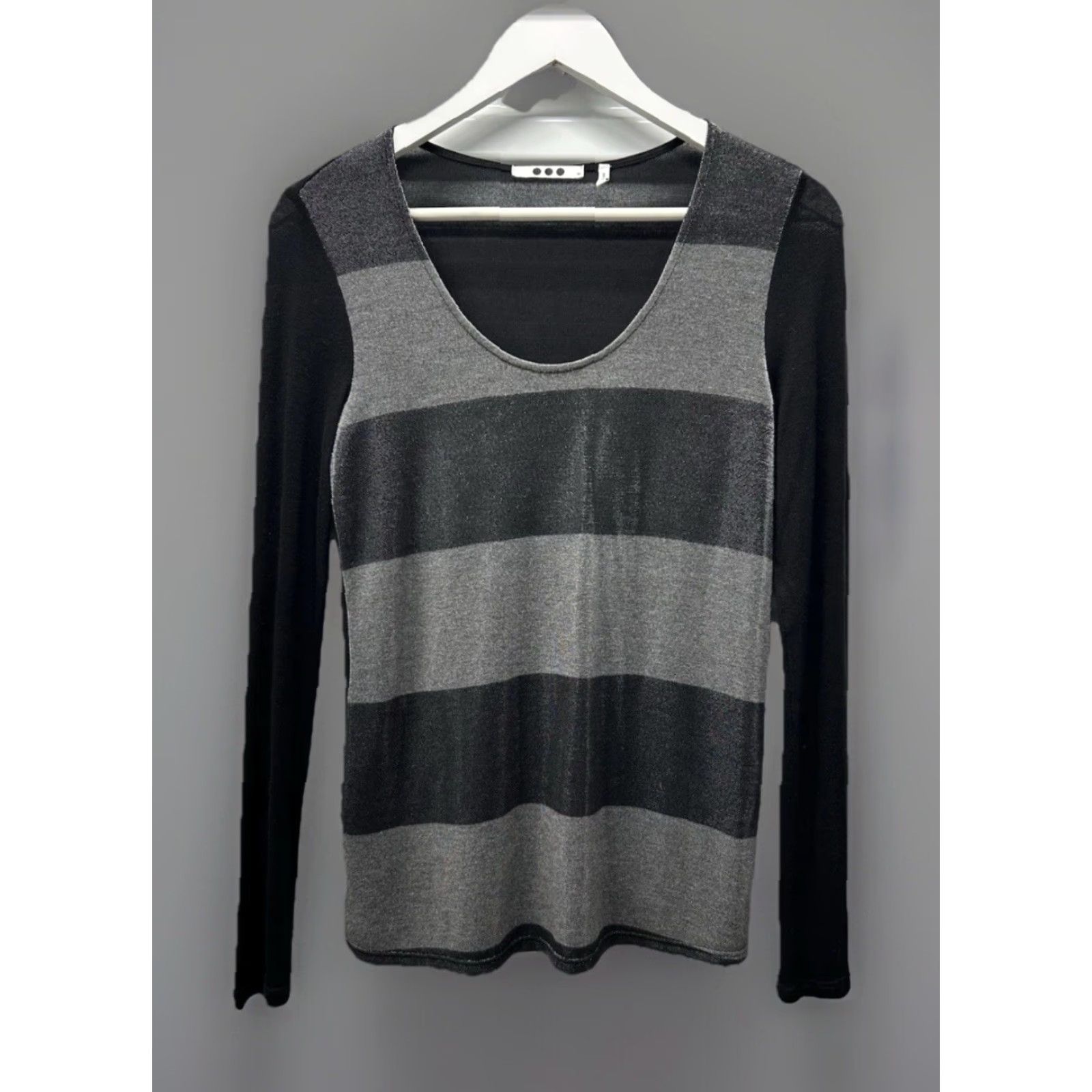 Vintage ThreeDots Blouse Women XS Knit Round Neck Long Sleeve Black/Gunmetal Stripe Pullover Classic Fit Casual All Seasons Size XS / US 0-2 / IT 36-38 - 2 Thumbnail