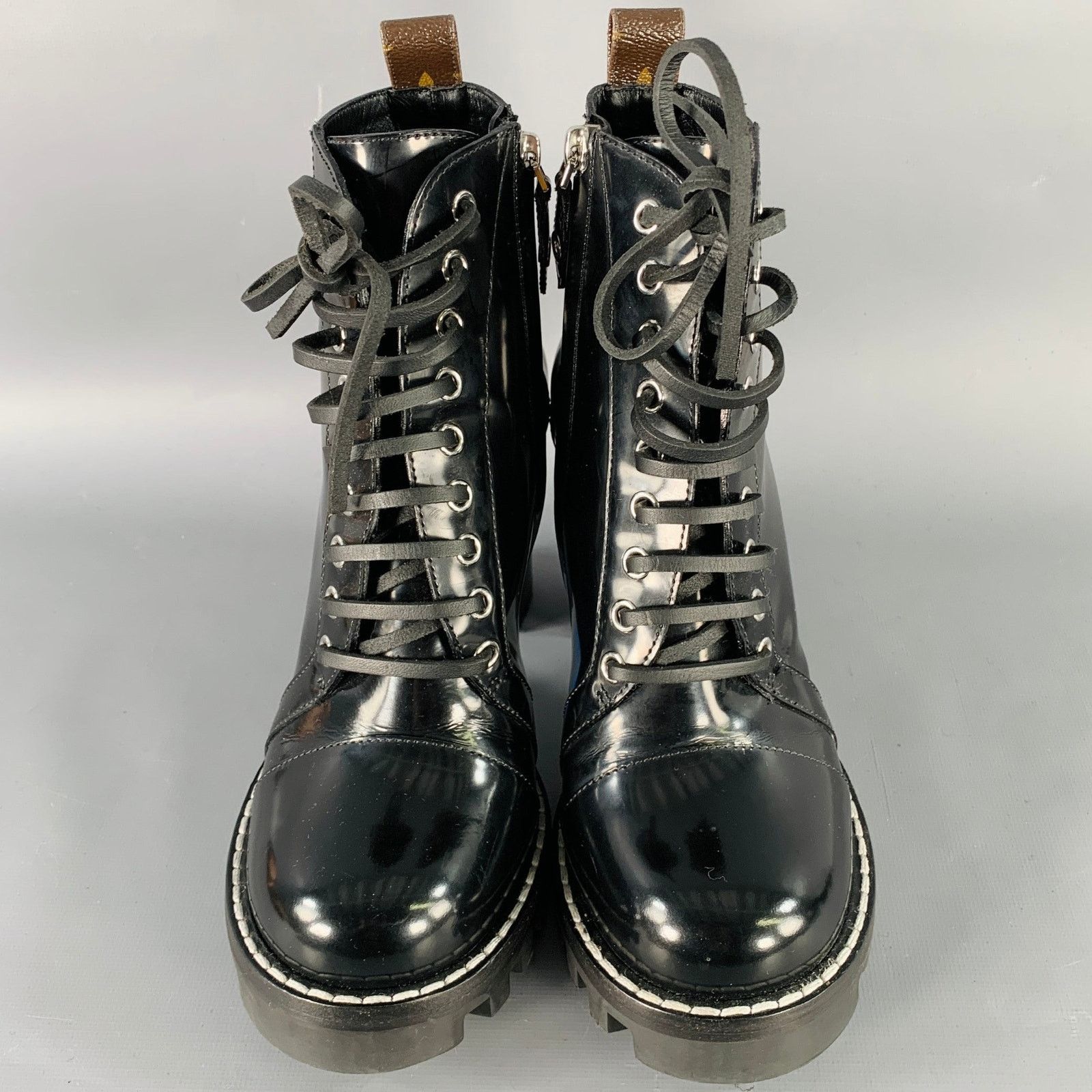 Louis Vuitton LOUIS VUITTON Black Patent Leather Tread Sole Lace-Up Boots Size US 7.5 / IT 37.5 - 4 Thumbnail