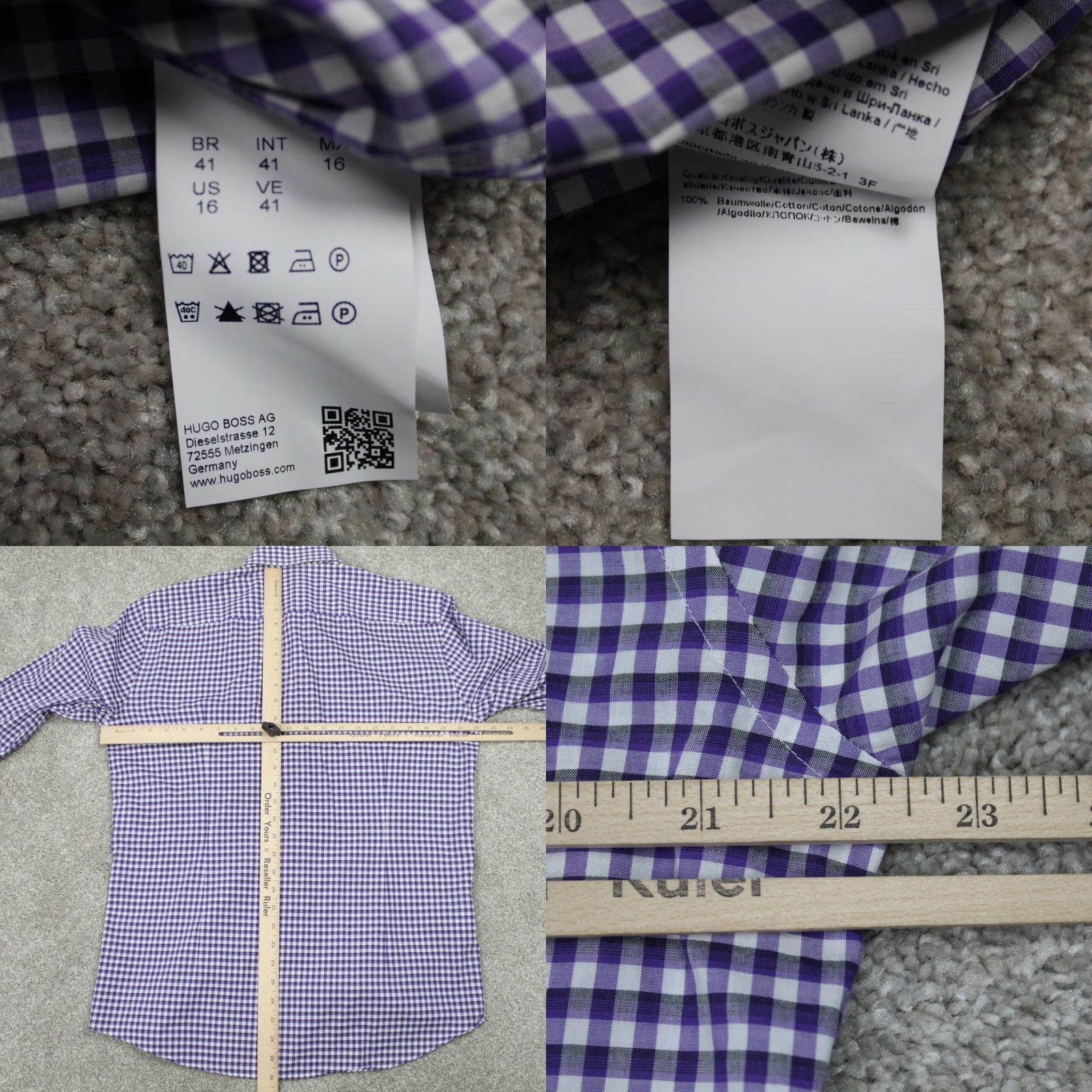 Hugo Boss HUGO BOSS Prince Dress Shirt Mens 16, 41 Purple/White Slim Fit Cotton L/S Shirt Size 42R - 8 Thumbnail