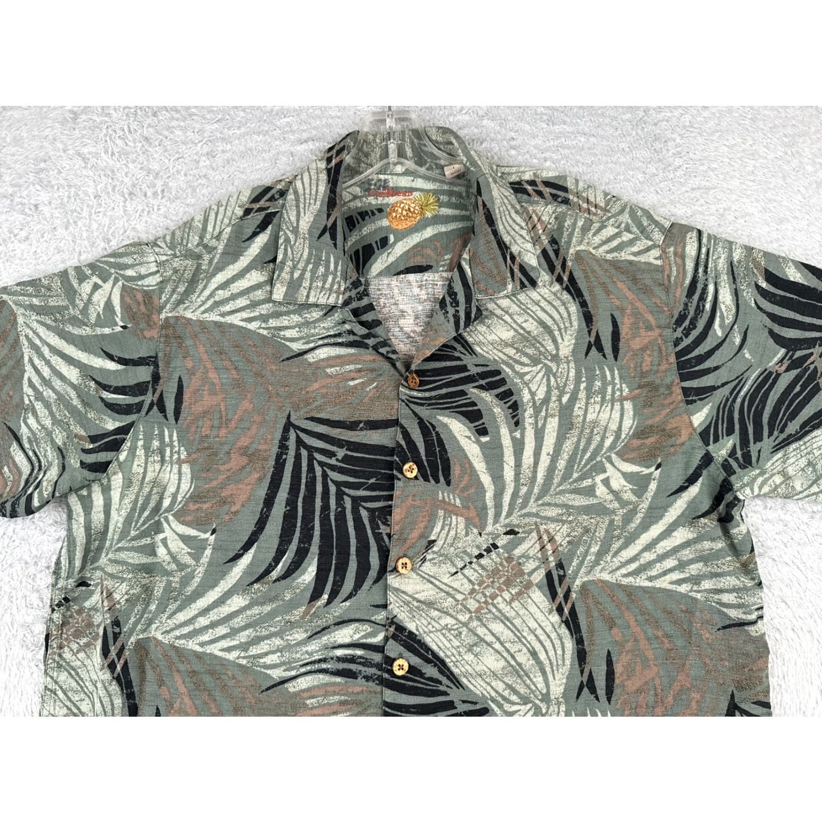 Vintage Caribbean Shirt Men Large Green Floral Palm Leaf Silk Rayon Hawaiian Button-Up Short Sleeve Size US L / EU 52-54 / 3 - 4 Thumbnail