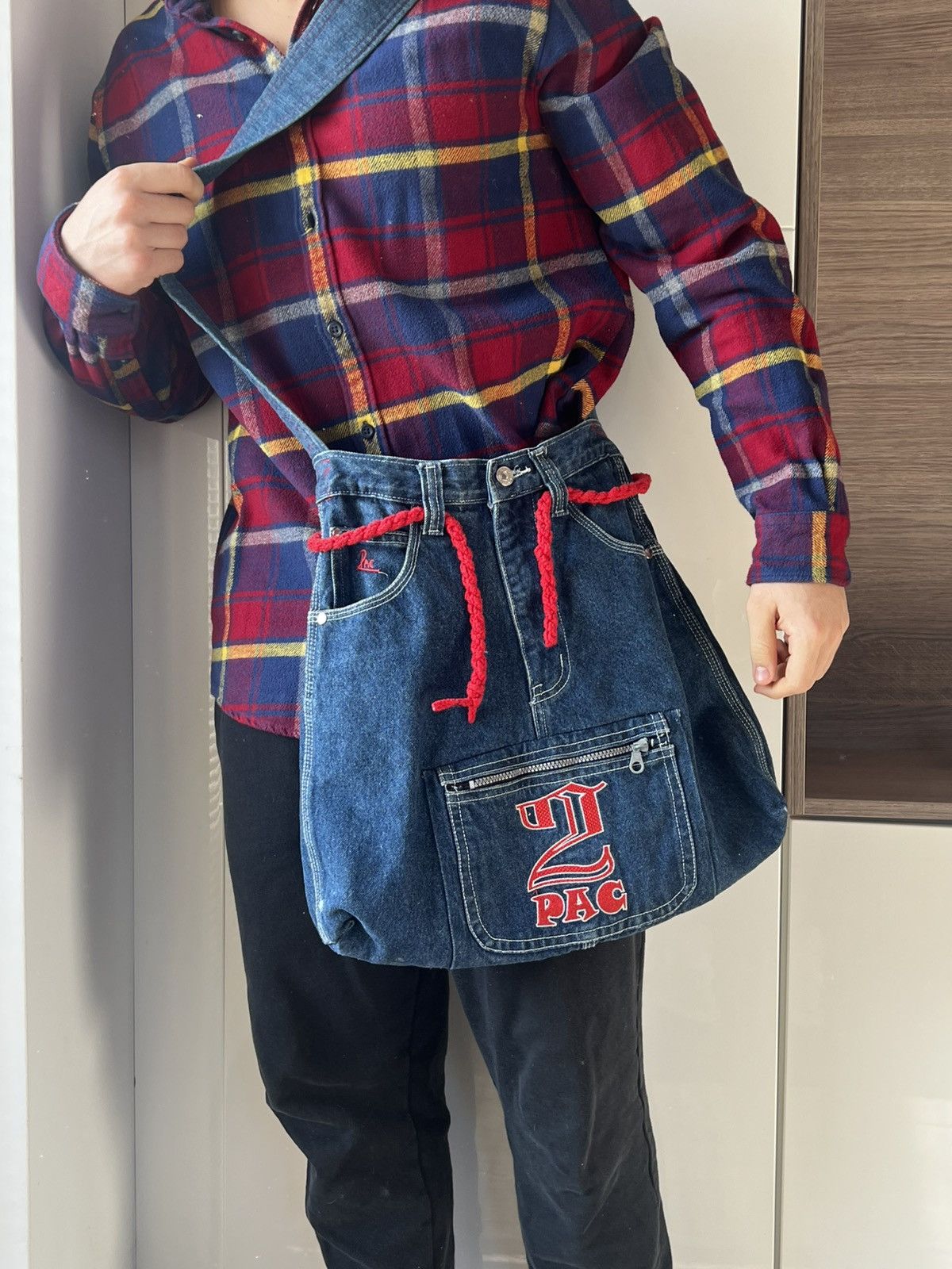 Affliction × Handmade ‼️Vintage Handmade Avant Garde 2Pac Denim Big Logo Sling Bag‼️ Size ONE SIZE - 2 Thumbnail