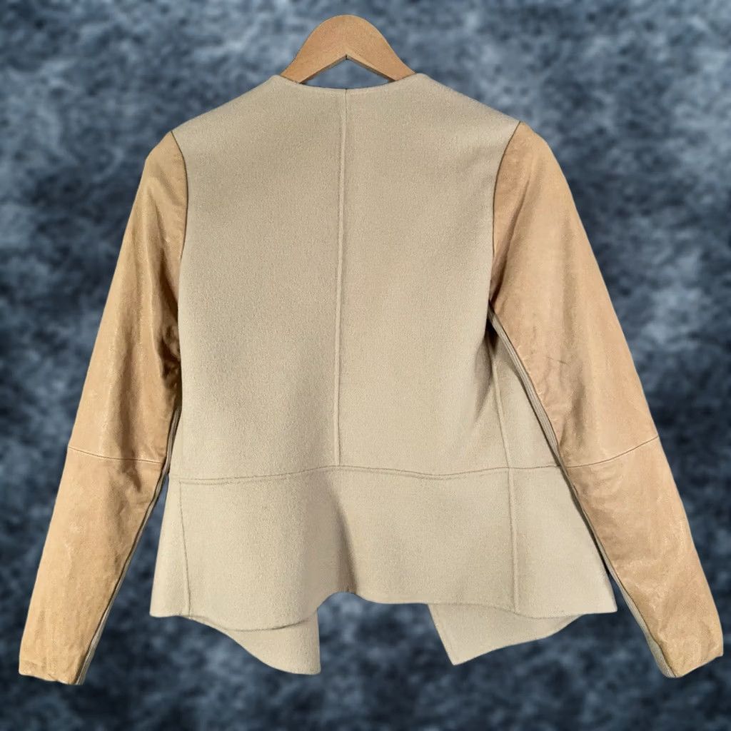 Vince Vince Womens Jacket Adult S Brown Wool Blend Lamb Leather Draped Coatigan Blazer Team: Vince Drape Neck Leather, Basic Designer Classy Open Front Size S / US 4 / IT 40 - 1 Thumbnail