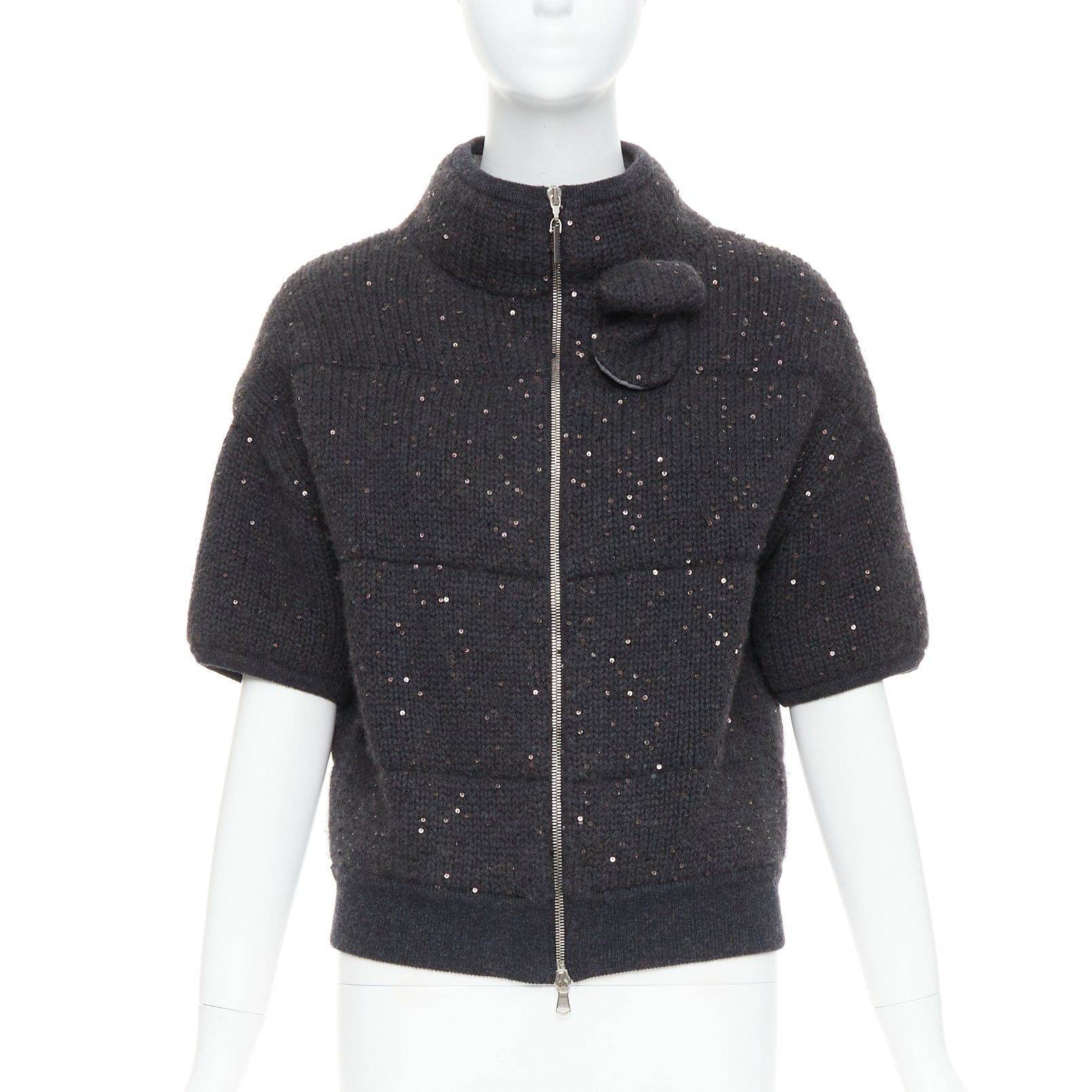 Brunello Cucinelli BRUNELLO CUCINELLI Cashmere dark grey sequin padded crop cardigan M Size M / US 6-8 / IT 42-44 - 1 Thumbnail