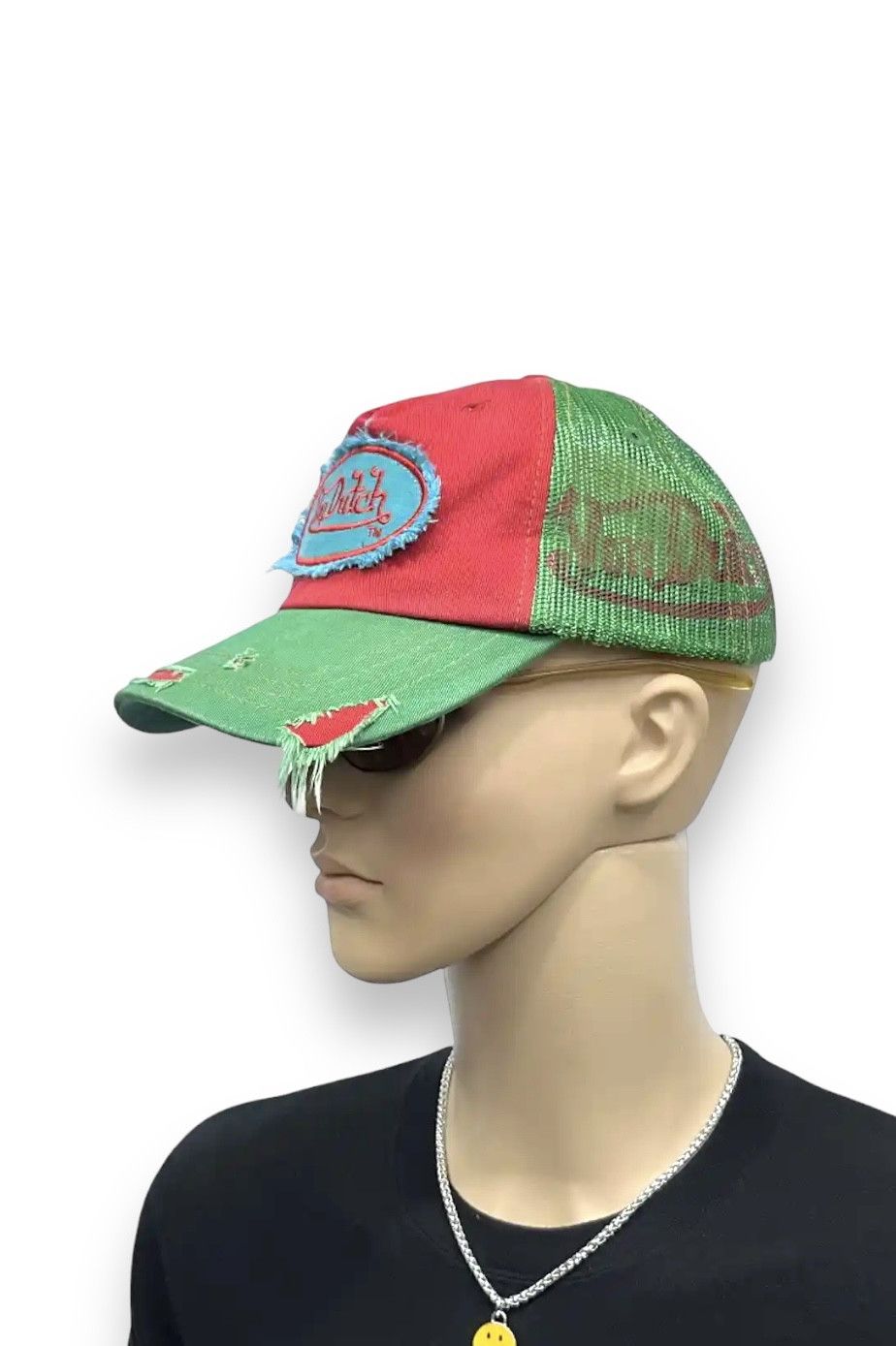 image of Distressed Denim x Trucker Hat Veryvon Dutch Distressed Trucker Hat Big Shadow Print in Red/Green