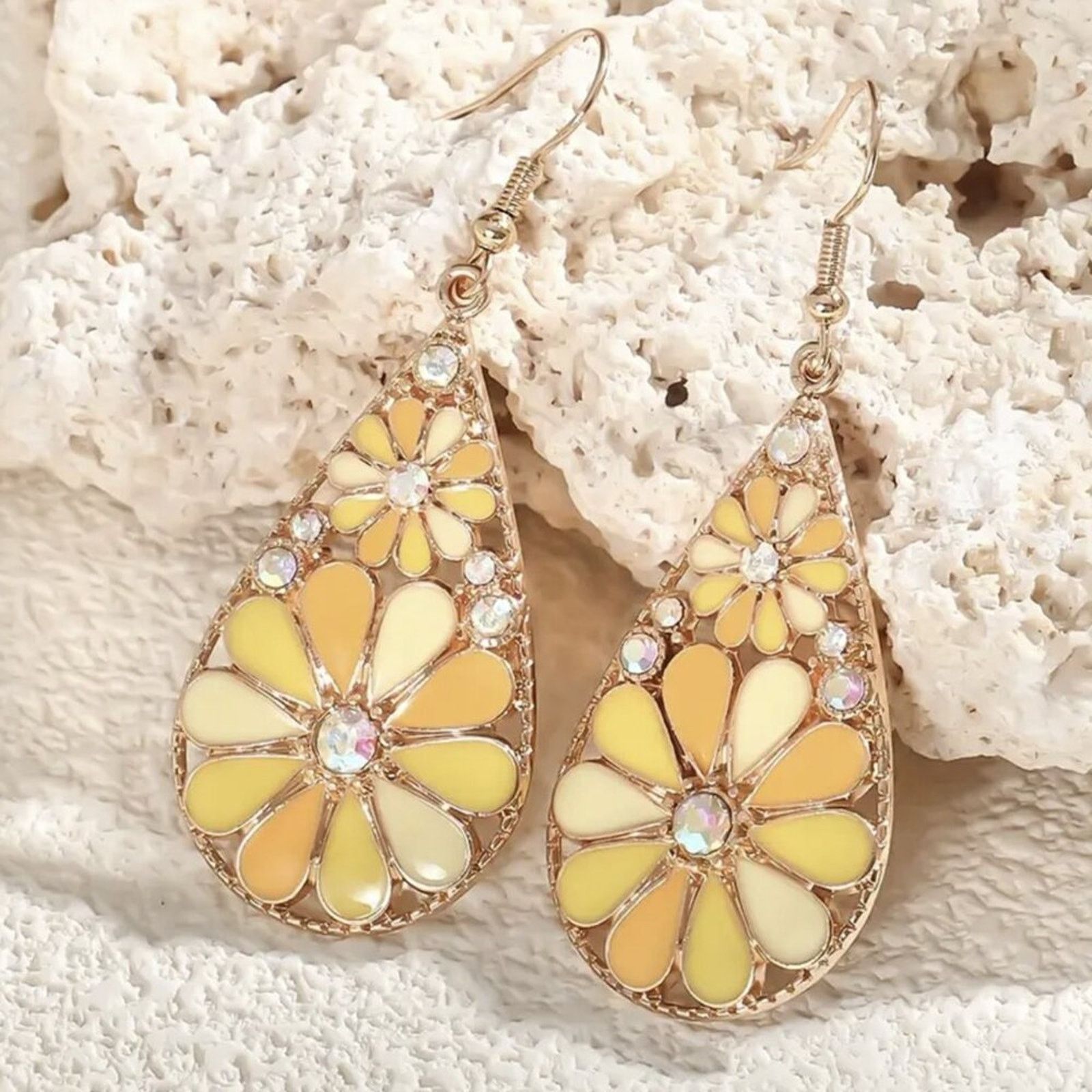 Other Yellow Mosaic Flower Dangle Earrings | Rose Gold Teardrop Size ONE SIZE - 6 Thumbnail
