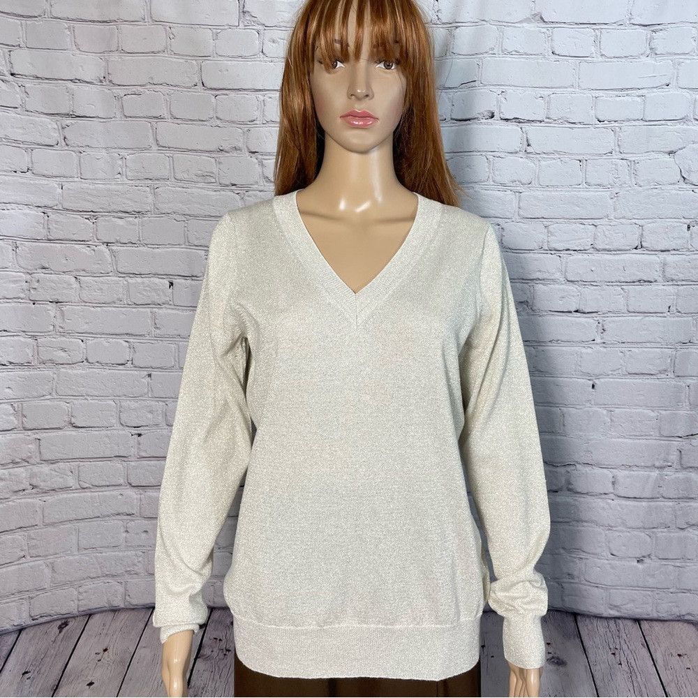 Banana Republic Banana Republic V-Neck Silk Blend Light Grey Sparkle Sweate Size L / US 10 / IT 46 - 1 Thumbnail