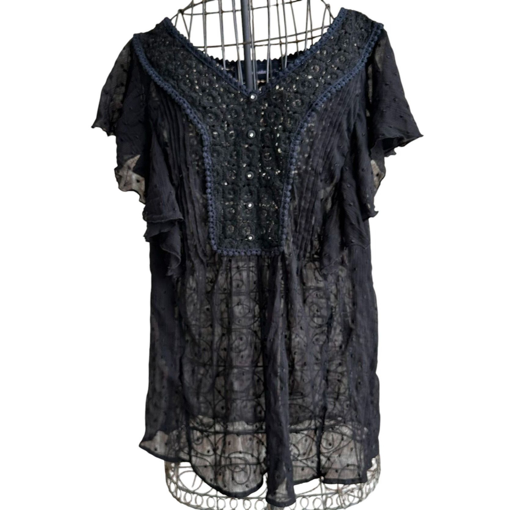 Vintage Denim 24 7 Blouse 14W Black Semi Sheer Swiss Dots Sexy Size XL / US 12-14 / IT 48-50 - 1 Thumbnail