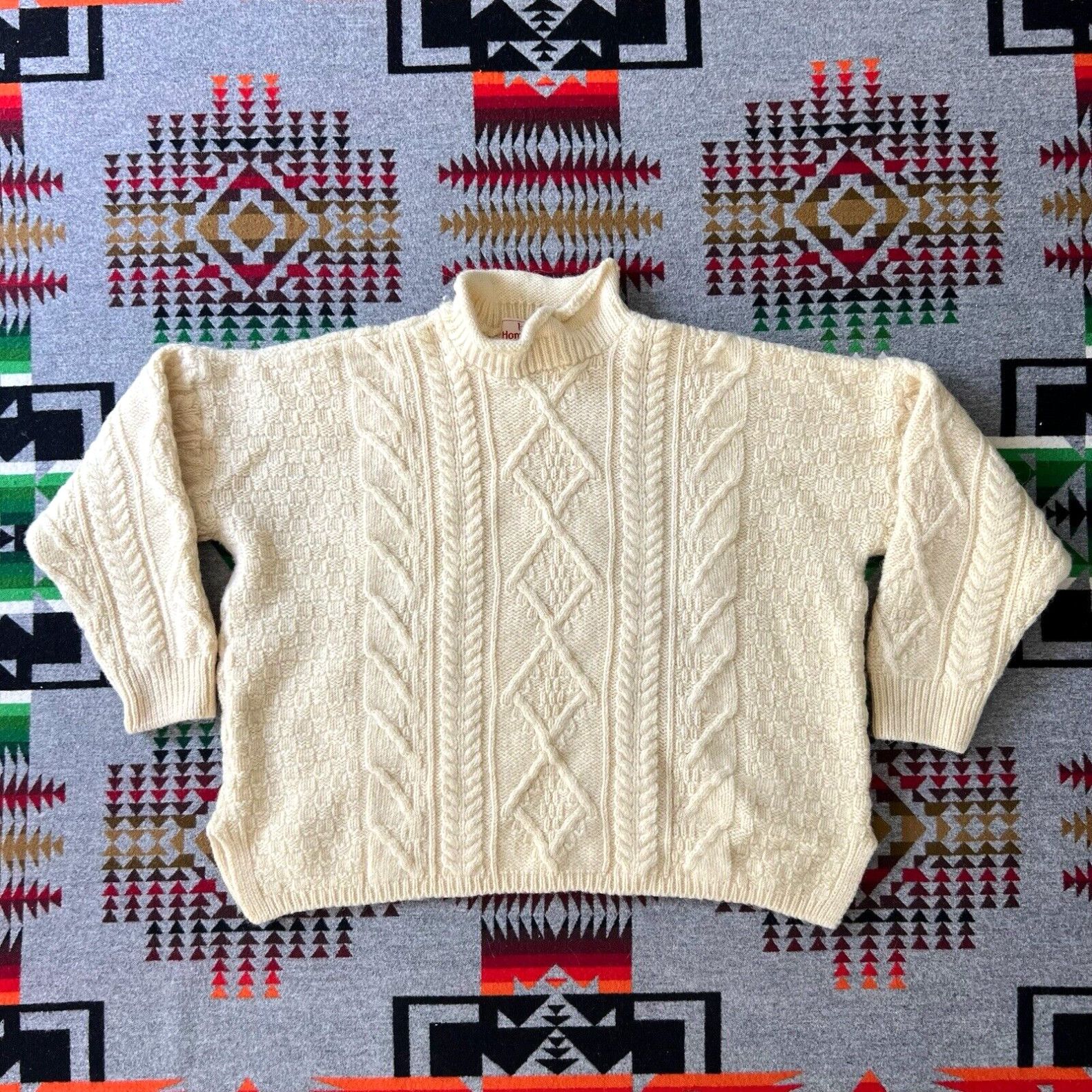 image of Irish Homecraft Sweater Adult XL Cable Knit Crew Neck Wool Pullover Vintage A4 in White, Men's