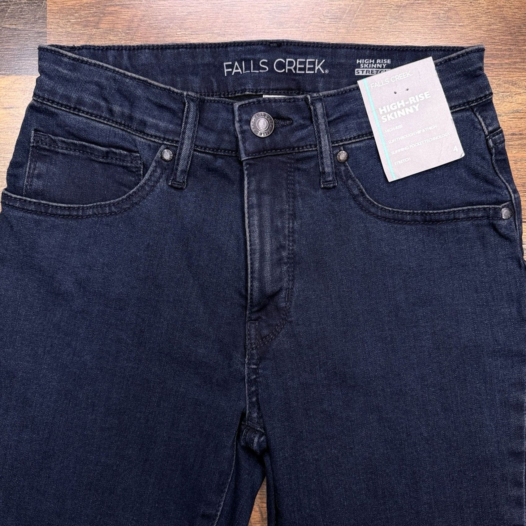 Vintage Falls Creek Jeans Womens 4 Skinny High Rise Blue Denim Stretch 5-Pocket Logo Zip 28.5in Inseam Slim Regular Cotton Blend NWT City 90s? Size 27" / US 4 / IT 40 - 3 Thumbnail