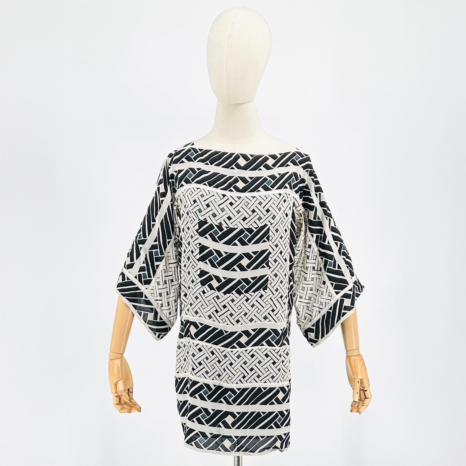 Black White Geometric Print 100% Silk Mini Dress