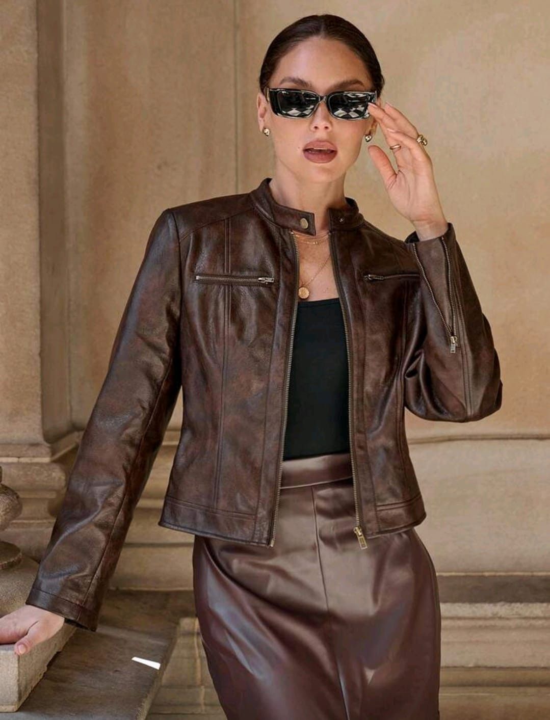 Other Women’s PU Leather Jacket – Brown Slim Fit Jacket Size S / US 4 / IT 40 - 6 Thumbnail