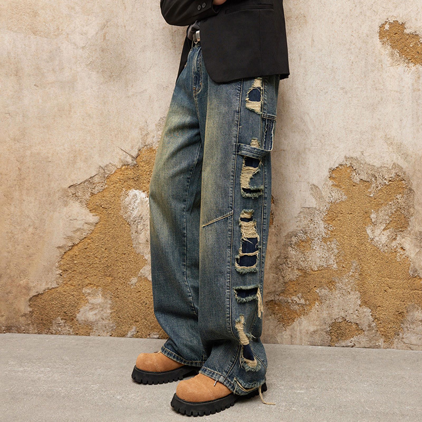 Jean Heavy Distressed Work Jeans – Washed, Loose Straight Size US 30 / EU 46 - 1 Thumbnail