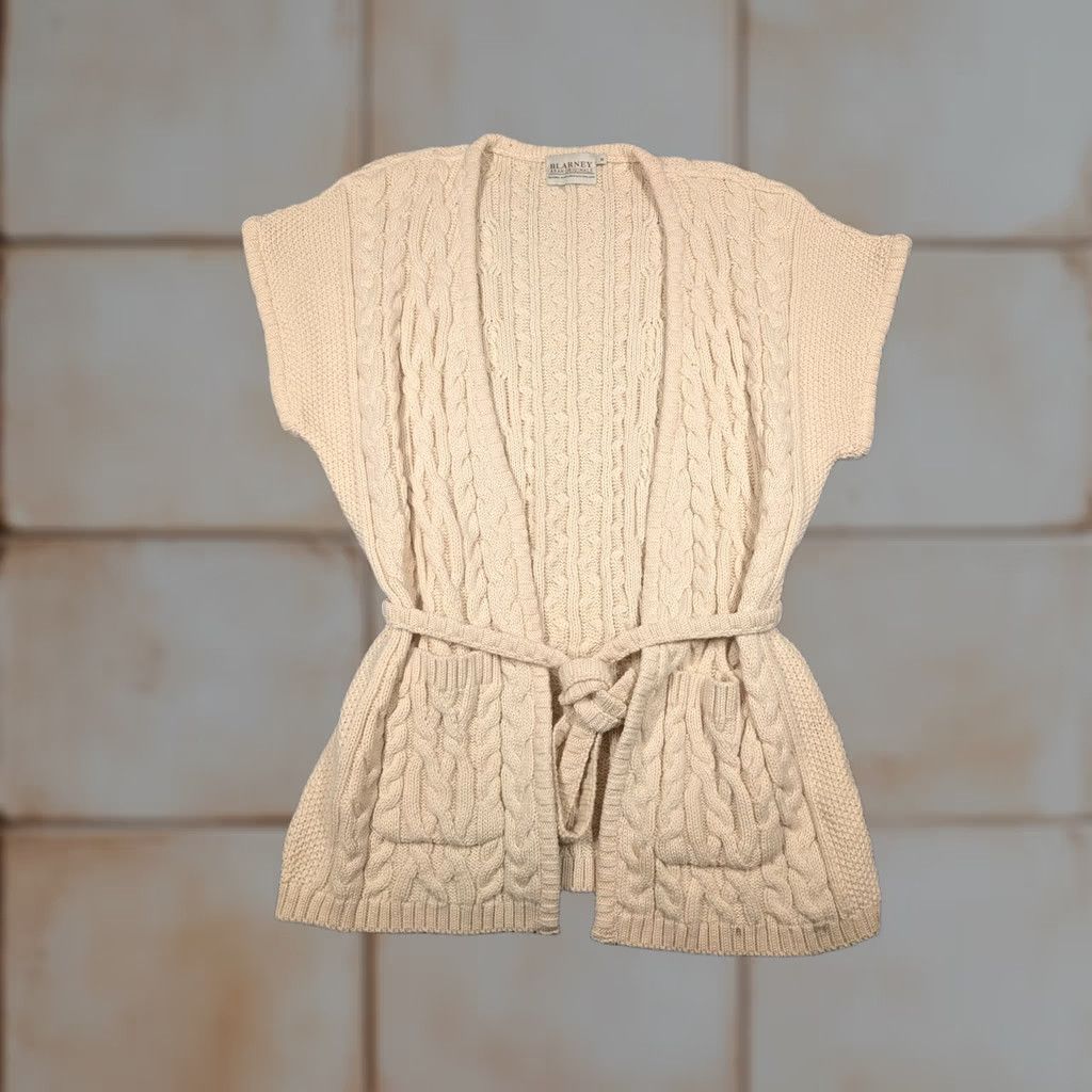 Vintage Blarney Aran Originals Sweater Cardigan Womens M White Wool Belted Cable Knit Size M / US 6-8 / IT 42-44 - 1 Thumbnail