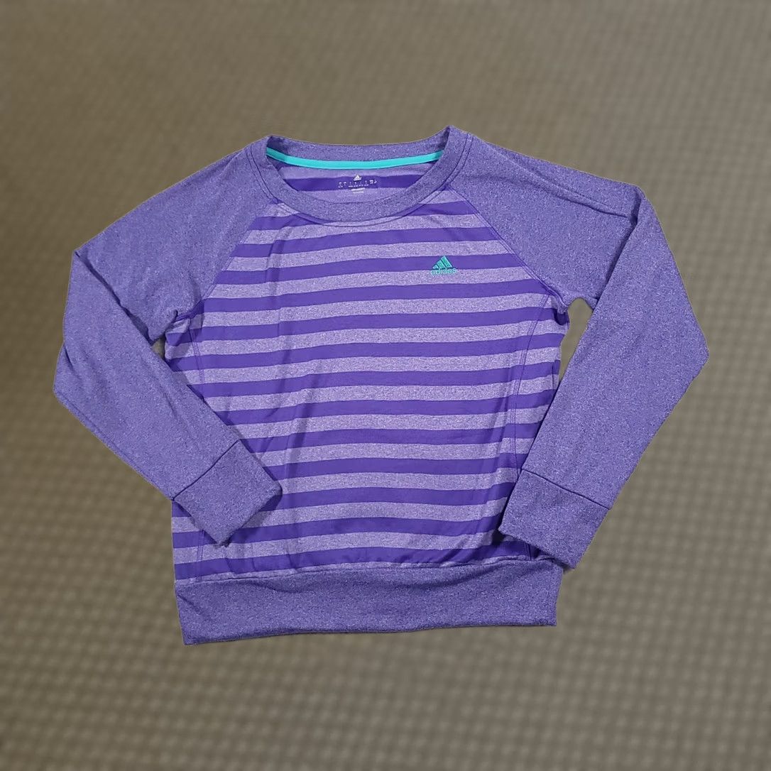 Adidas Adidas Climawarm Pullover Round Neck Women's Large Purple Striped Thumbholes Sweatshirt Pullover Sports Logo Outdoor Size L / US 10 / IT 46 - 1 Thumbnail