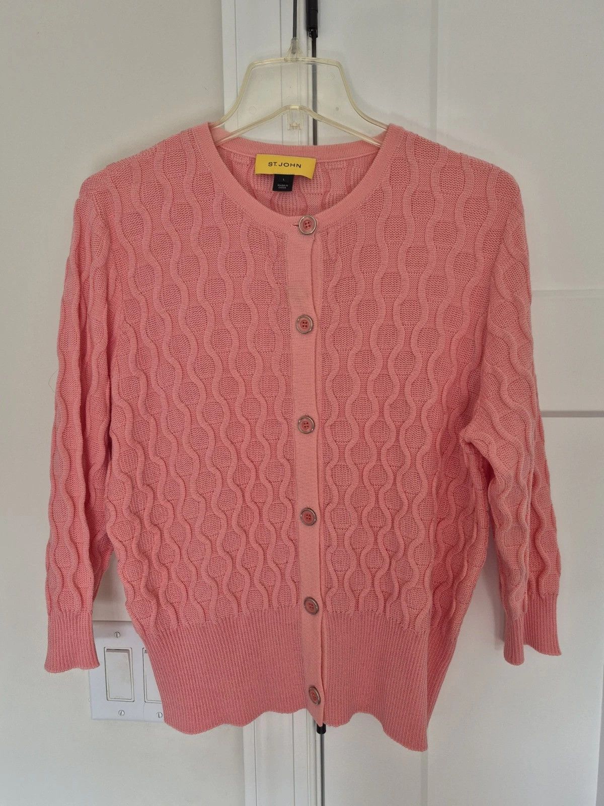 St. John Sweater Santana Cable Knit Coral Wool Blend Button Up Cardi Size L / US 10 / IT 46 - 2 Thumbnail