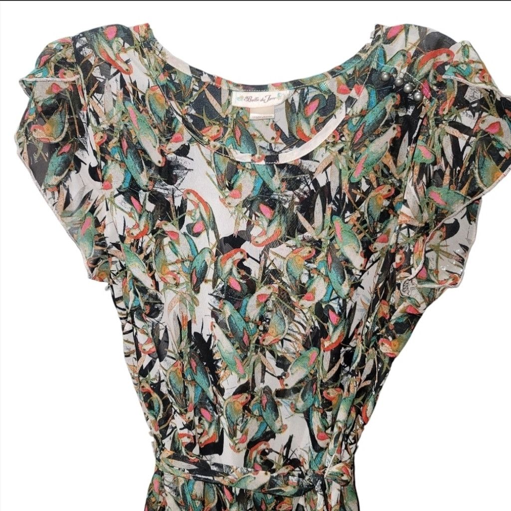 Other BELLE du JOUR Sheer Ruffle Colorful Tropical Parakeets Dress Size M / US 6-8 / IT 42-44 - 2 Thumbnail