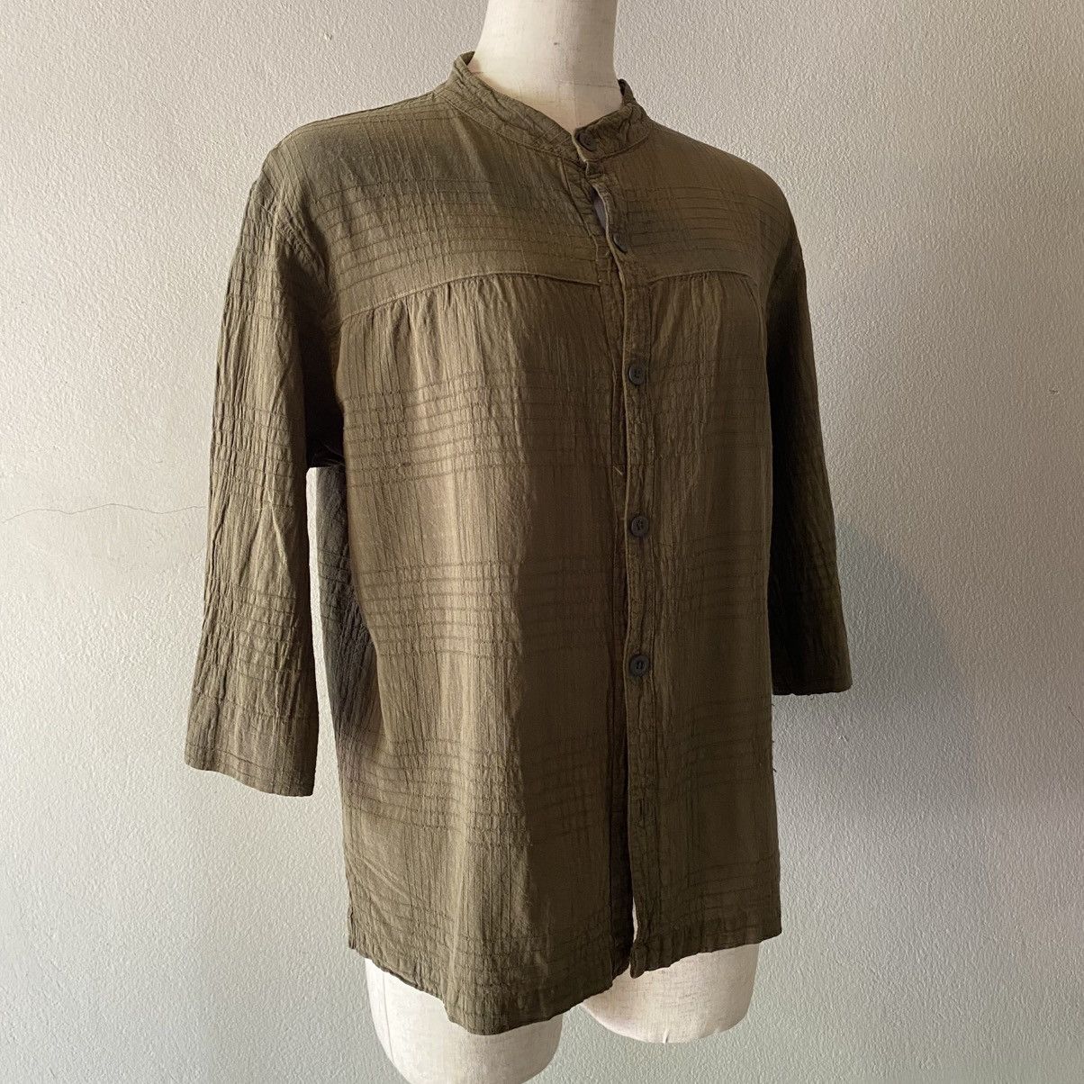 Issey Miyake Plantation Olive Textured Button-Down Tunic Size M / US 6-8 / IT 42-44 - 16 Thumbnail