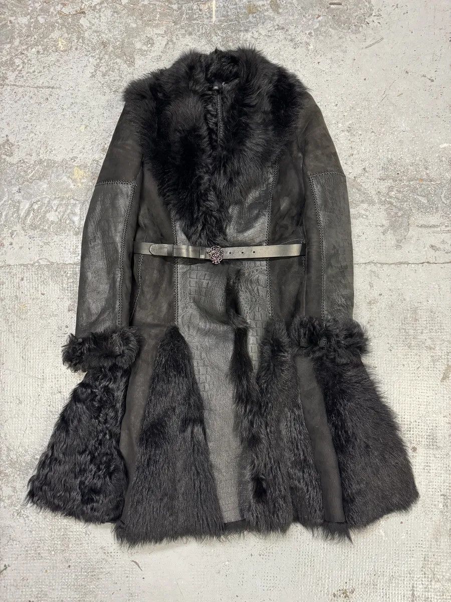 Roberto Cavalli AW2010 Cavalli Black Leather Crocodile Effect Fur Royal Long Jacket Size M / US 6-8 / IT 42-44 - 1 Thumbnail