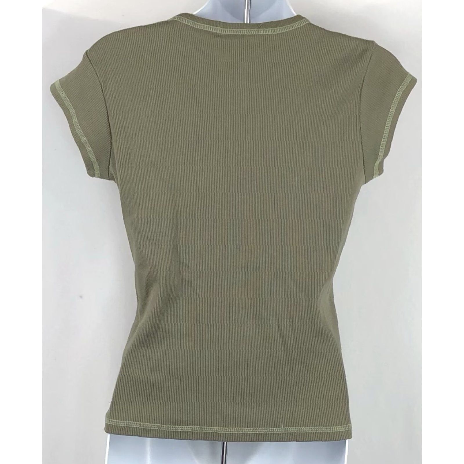 Vintage VINTAGE Fashion Bug T-Shirt M Olive Snap V-Neck Cap Sleeve Ribbed Knit Y2K Size M / US 6-8 / IT 42-44 - 3 Thumbnail