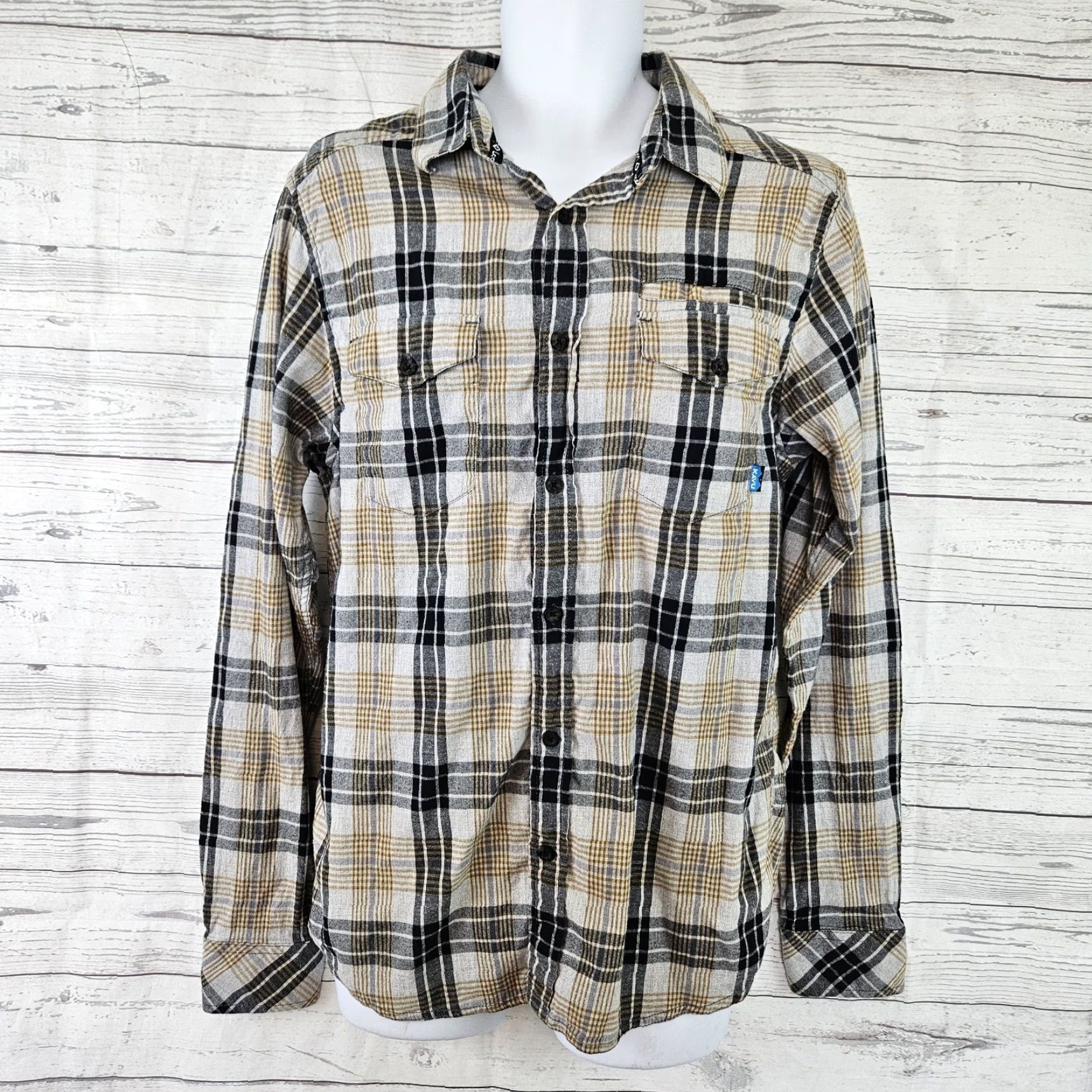 KAVU Kavu Mens Button-Up Shirt Plaid Long Sleeve Cotton Sz M Gray Black Multicolor Pattern Size US M / EU 48-50 / 2 - 2 Thumbnail
