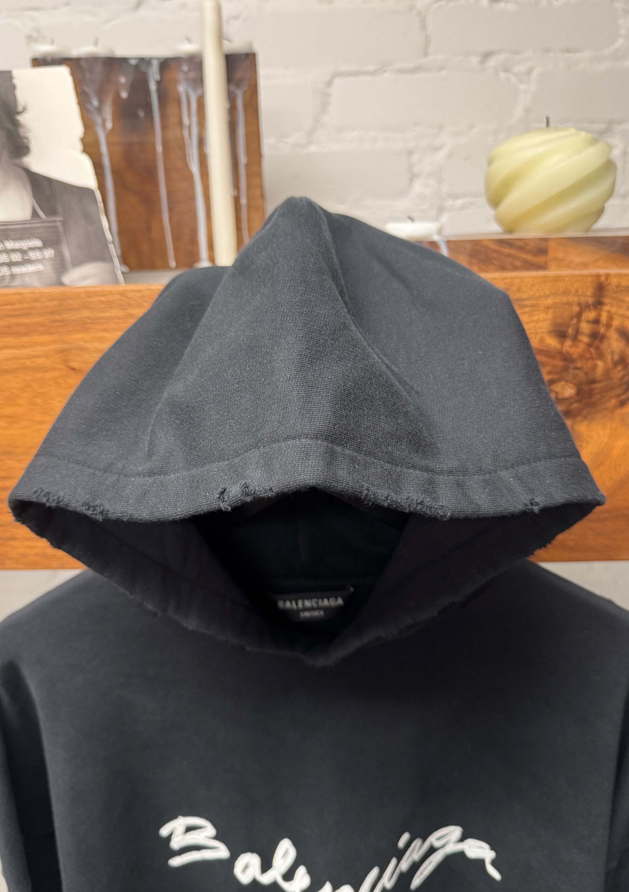 Balenciaga 2022 Balenciaga Painted ‘Script Logo’ Distressed Black Cotton Hoodie Size US M / EU 48-50 / 2 - 3 Thumbnail