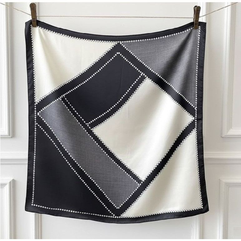Other ⭐Luxury Elegant Silky Scarf Black Grey Taupe Plaid Geometric Size ONE SIZE - 4 Thumbnail
