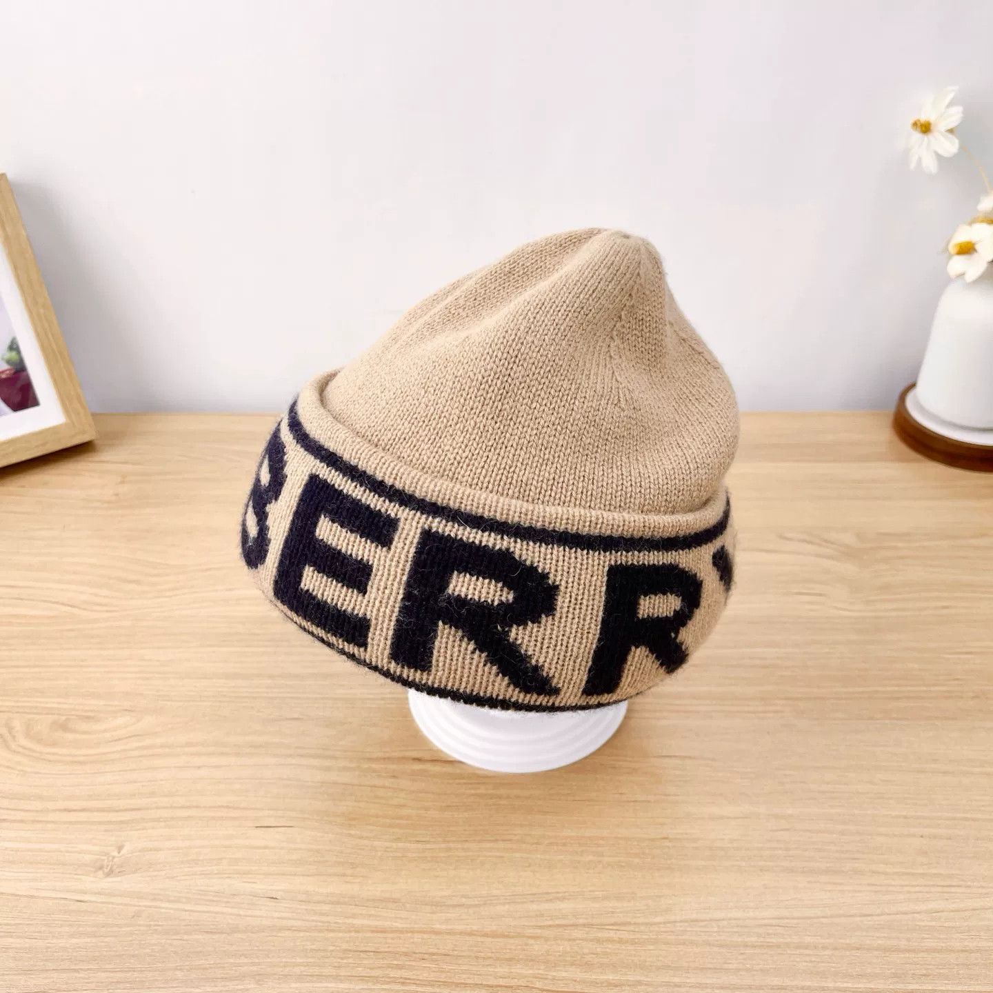 Burberry Camel Cashmere Black Logo Beanie