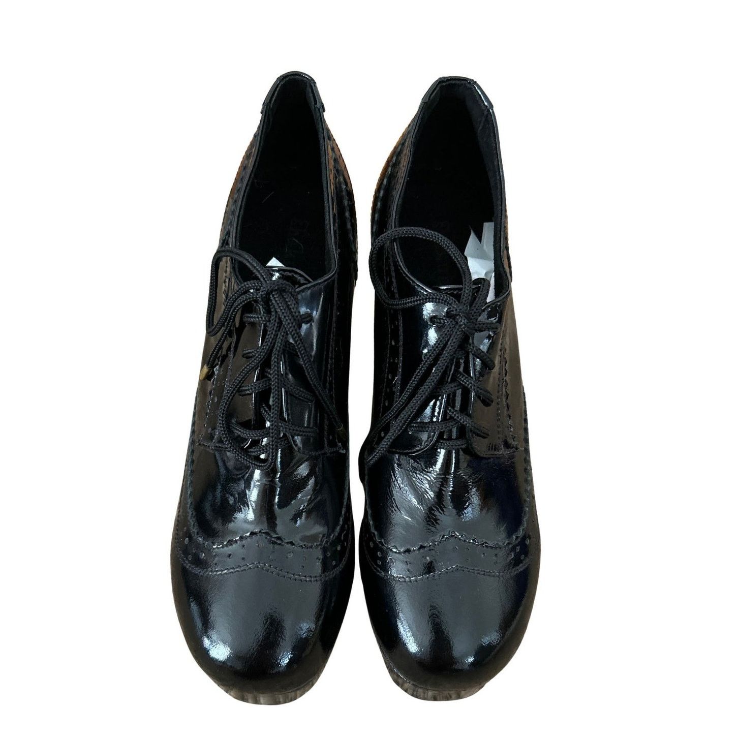 Vintage Shakuhachi Black Patent Leather Platform Wedge Oxfords Size US 7 / IT 37 - 3 Thumbnail
