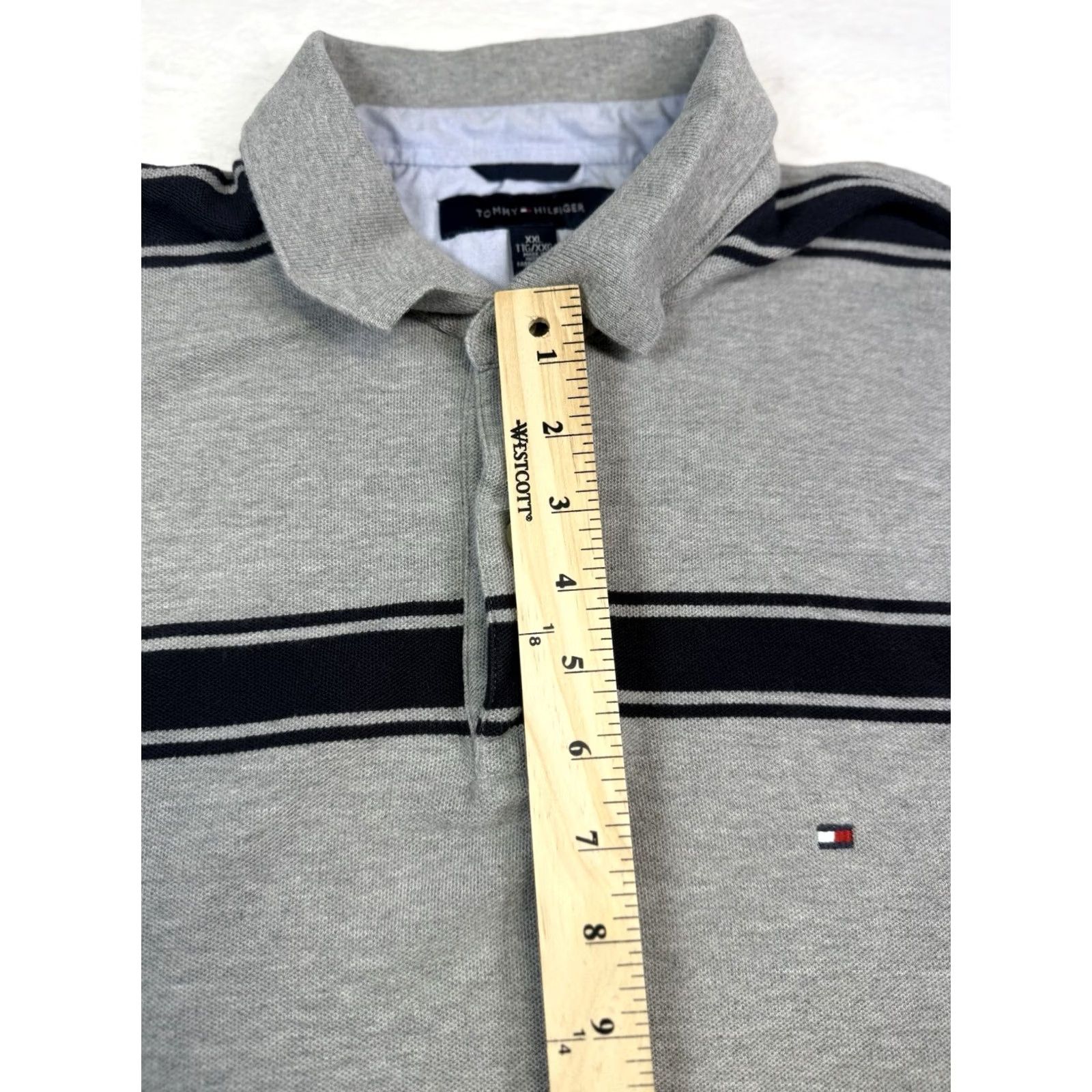 Tommy Hilfiger VINTAGE Tommy Hilfiger Polo Shirt Mens XXL Grey Navy Striped Logo Short Sleeve 100% Cotton Knit Button Closure Collared Size US XXL / EU 58 / 5 - 5 Thumbnail