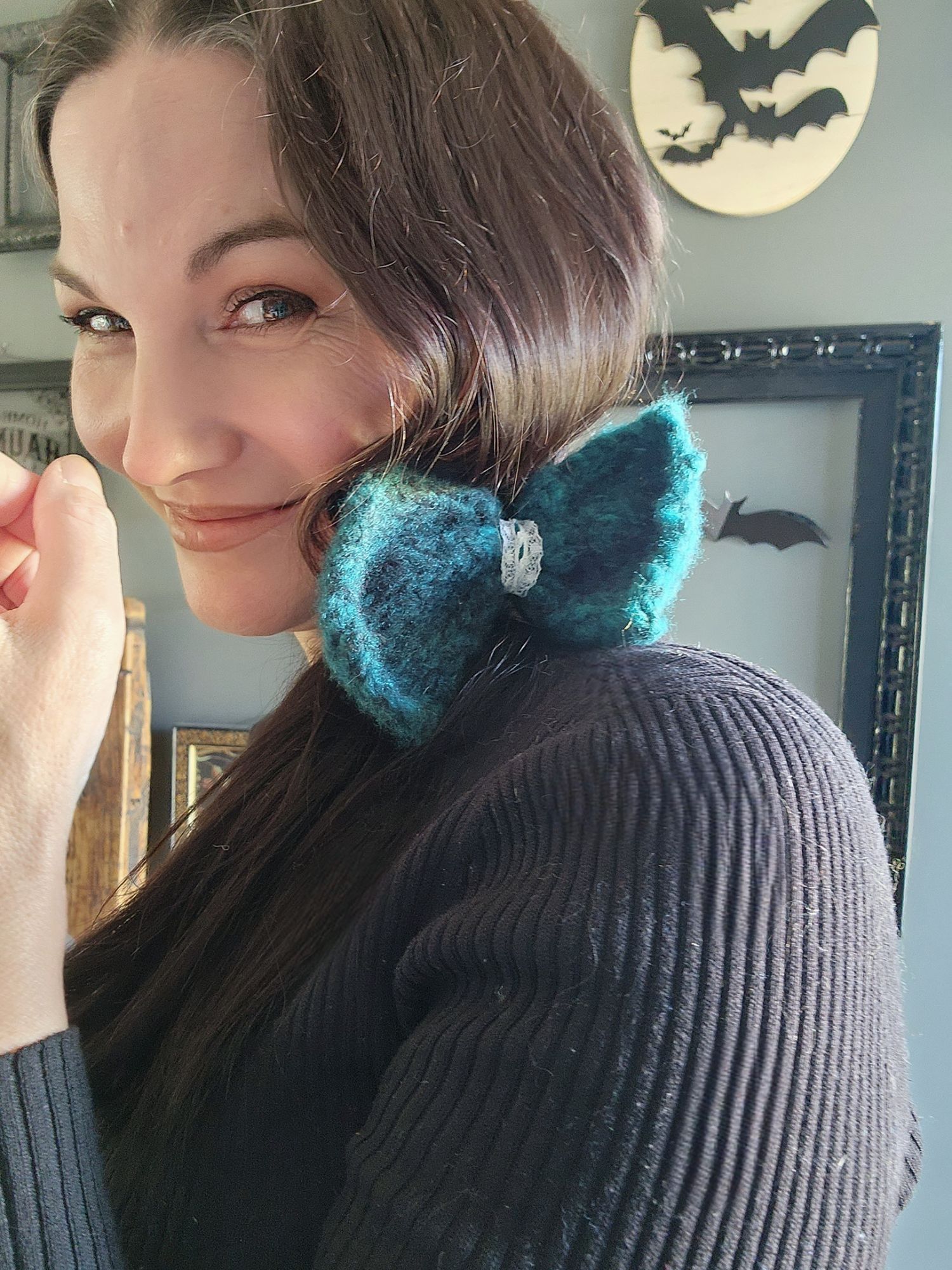 Handmade Knit Hair Bow, Handknitted Teal Ombre Ponytail Holder or Hai Size ONE SIZE - 5 Thumbnail