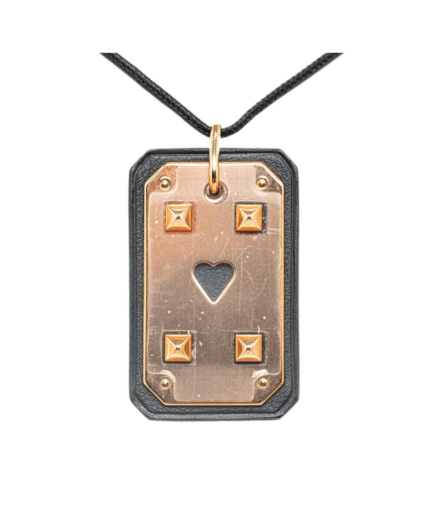 image of Hermes Black Ace Of Hearts Pendant Necklace In Swift Leather, Women's
