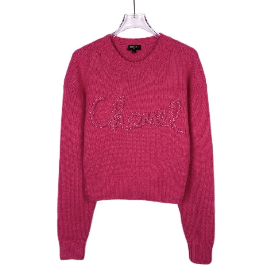 Chanel Chanel Knitwear Pink Logo Beaded Cashmere Sweater (Size XS) Size XS / US 0-2 / IT 36-38 - 1 Thumbnail