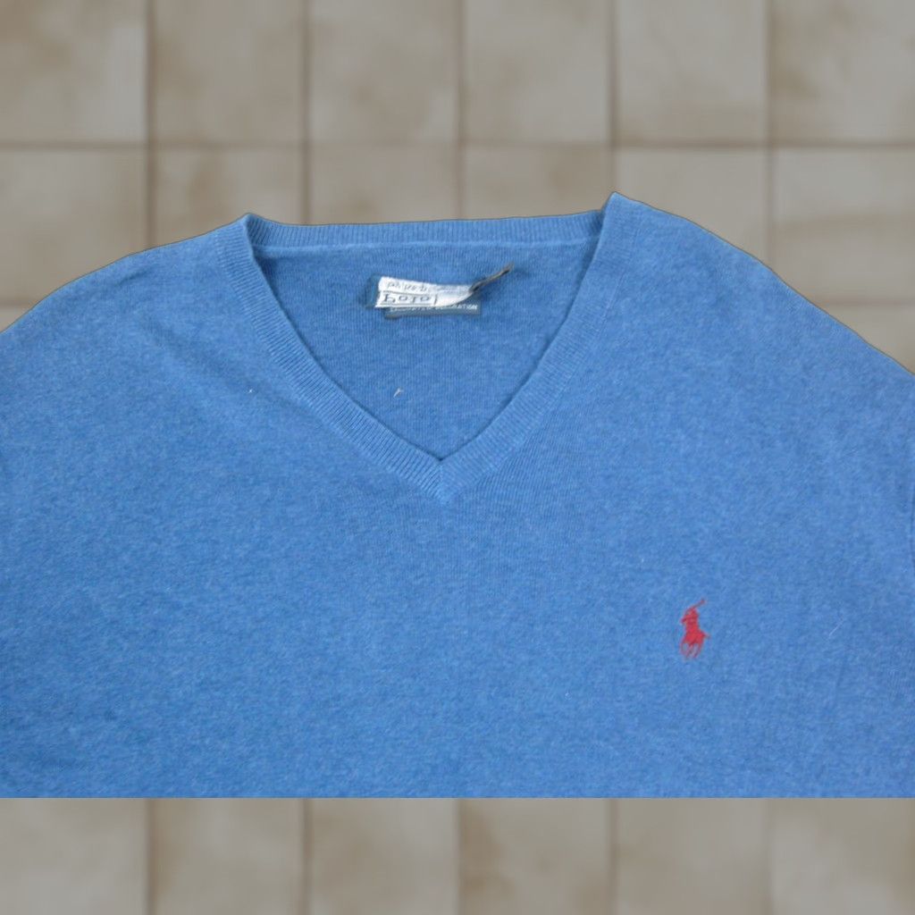 Polo Ralph Lauren VINTAGE Polo Ralph Lauren Sweater Men 2XL Blue V-Neck Polo Ralph Lauren Pullover Knit Cotton Logo Classic 90s Mens Size US XXL / EU 58 / 5 - 1 Thumbnail