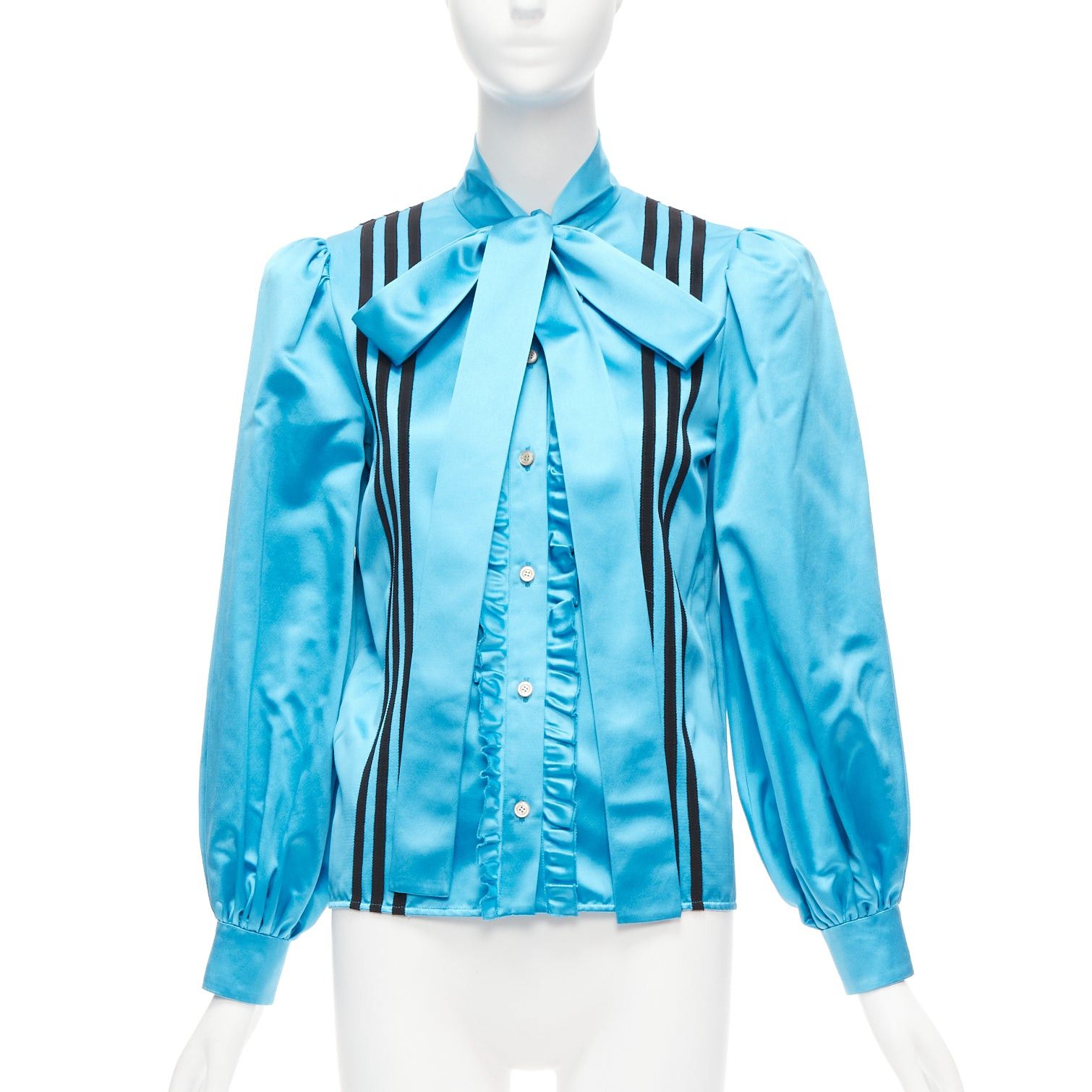 Gucci rare GUCCI ADIDAS blue silk 3 stripe pussy bow Victorian puff sleeve blouse IT38 Size XS / US 0-2 / IT 36-38 - 1 Thumbnail