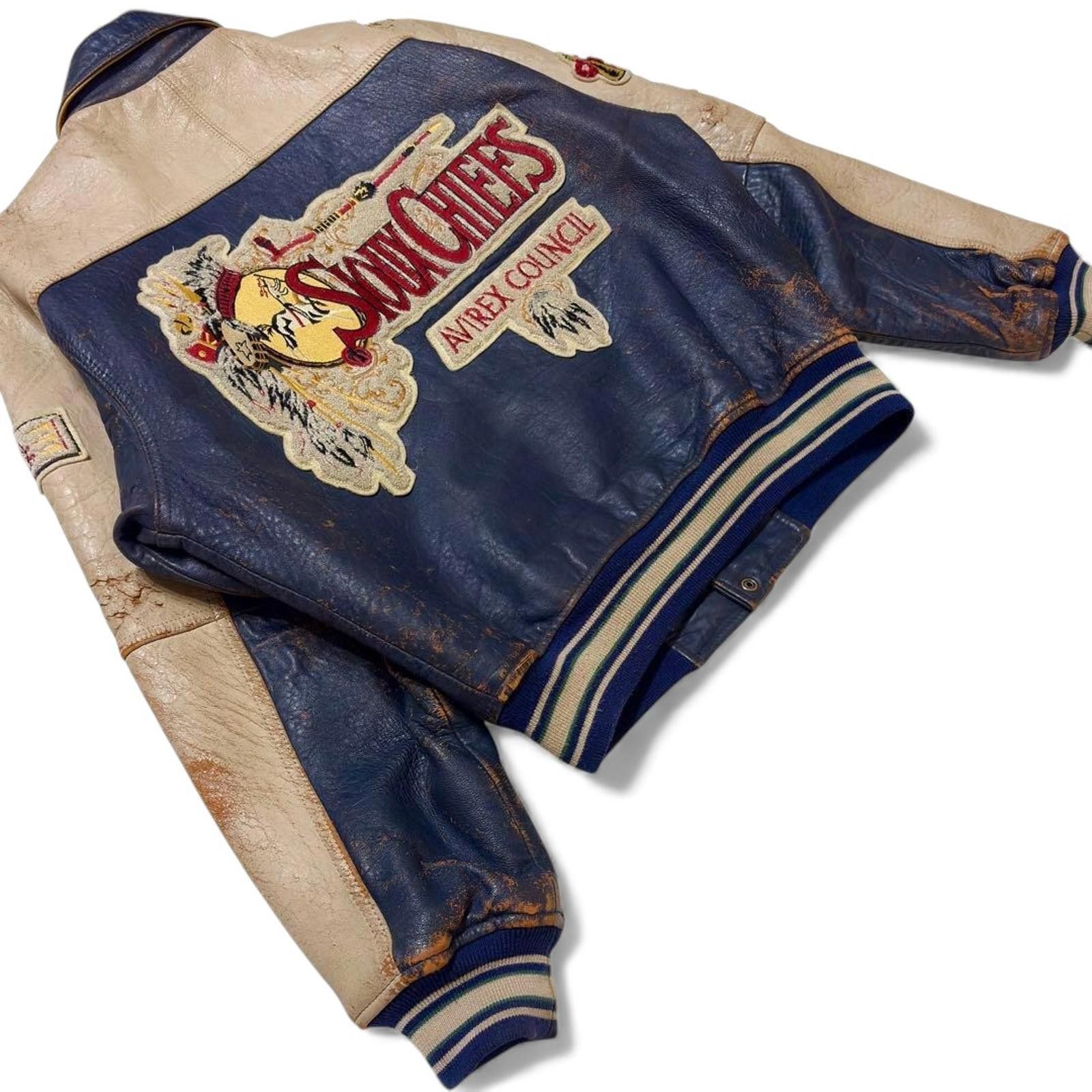 Avirex Avirex - S Vintage Blue Cream Leather Varsity Jacket Size US M / EU 48-50 / 2 - 8 Thumbnail