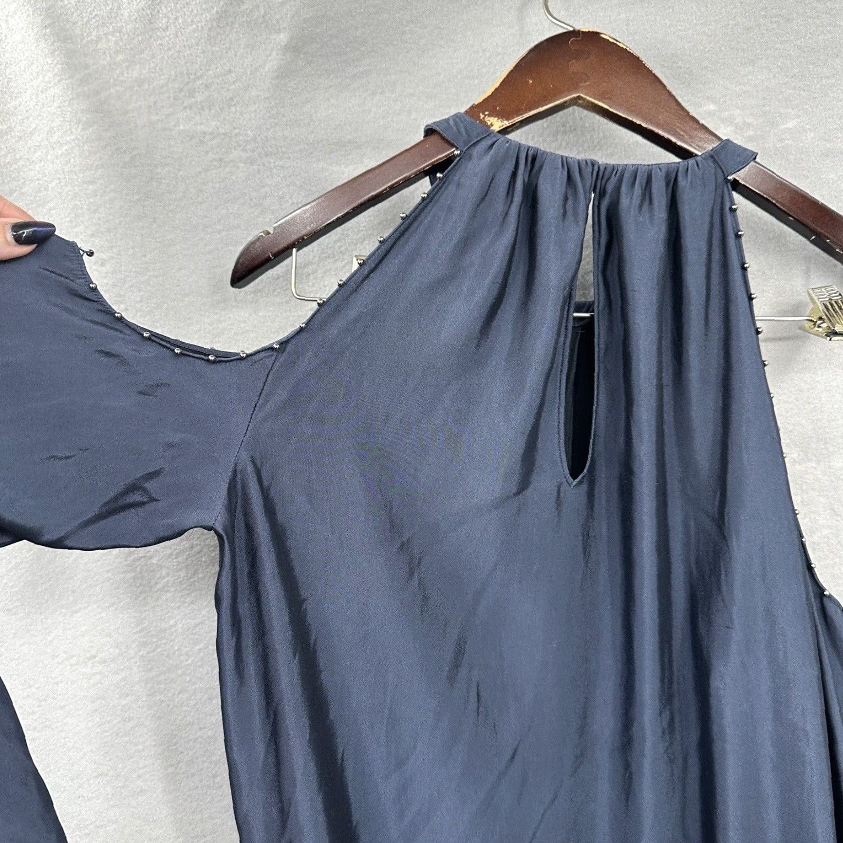 Ramy Brook Ramy Brook Blouse Candice Womens Small Cold Shoulder Beaded Satin Polyester Blue Solid Designer Quiet Luxury READ Size S / US 4 / IT 40 - 5 Thumbnail