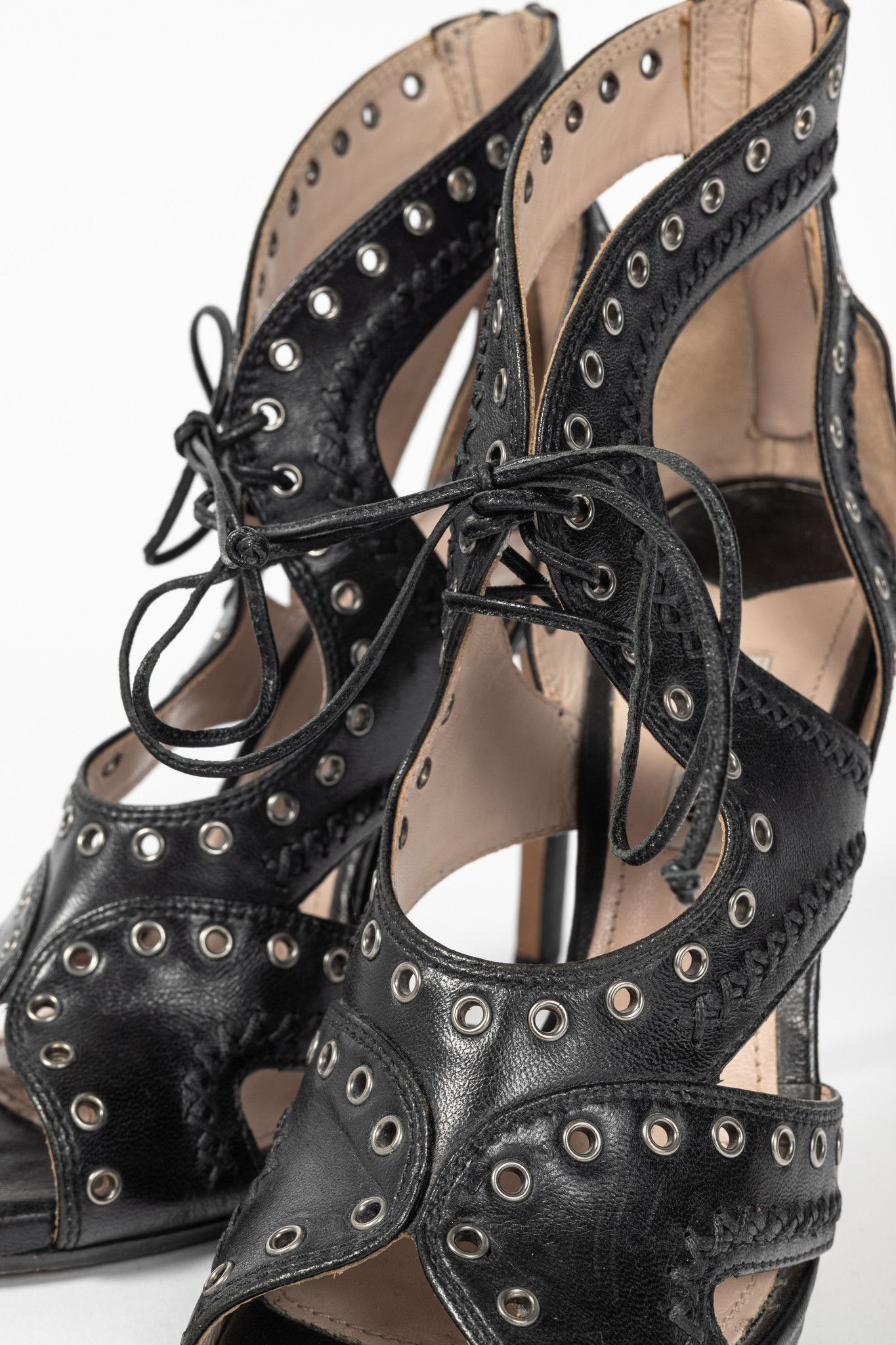 Miu Miu Miu Miu Black Leather Grommet Lace-Up Sandals Size US 6.5 / IT 36.5 - 7 Thumbnail