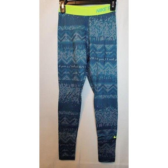 Nike Nike Pro Dri-Fit Teal Pattern Leggings Small Neon Waistband Size 27" / US 4 / IT 40 - 1 Thumbnail