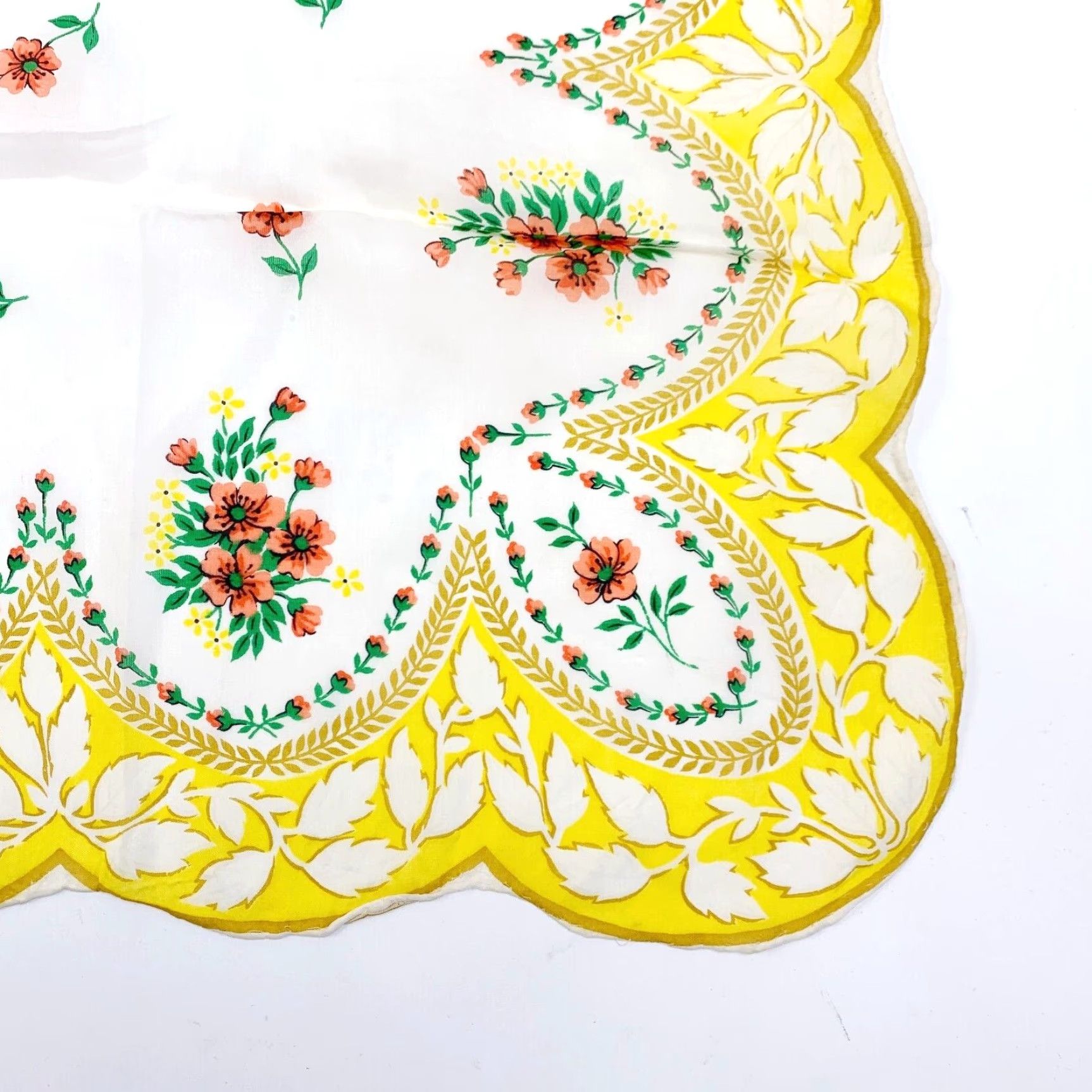 Vintage Vintage 1960s Scalloped Edge Floral Yellow Scarf 30" x 30" Nylon Women Square Silk-Like, Lightweight, Sheer Vintage Scarf, Womens Yellow Size ONE SIZE - 2 Thumbnail