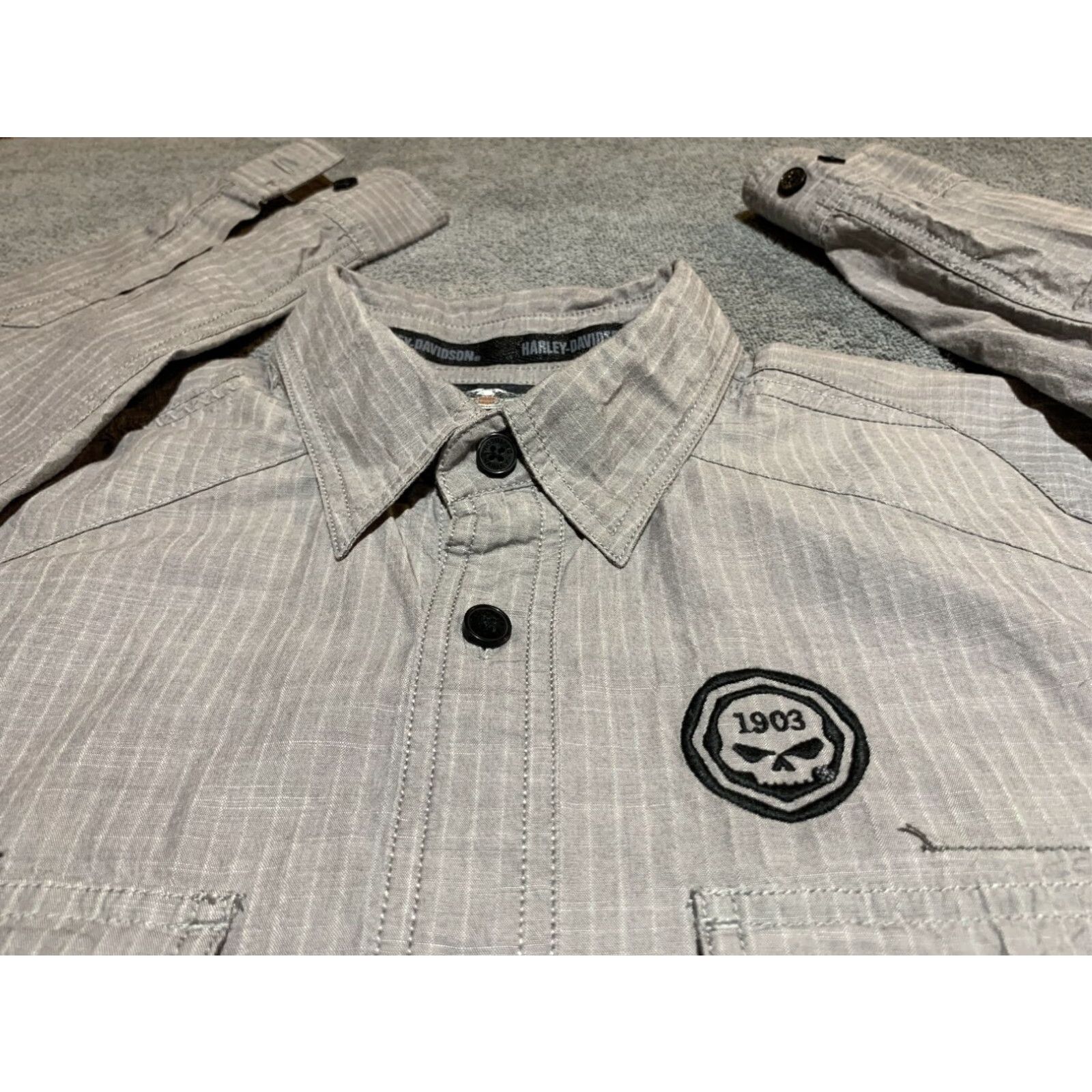 Harley Davidson Harley-Davidson Long Sleeve Striped Button-Down Shirt, Medium, Gray, Mens Size US M / EU 48-50 / 2 - 7 Thumbnail