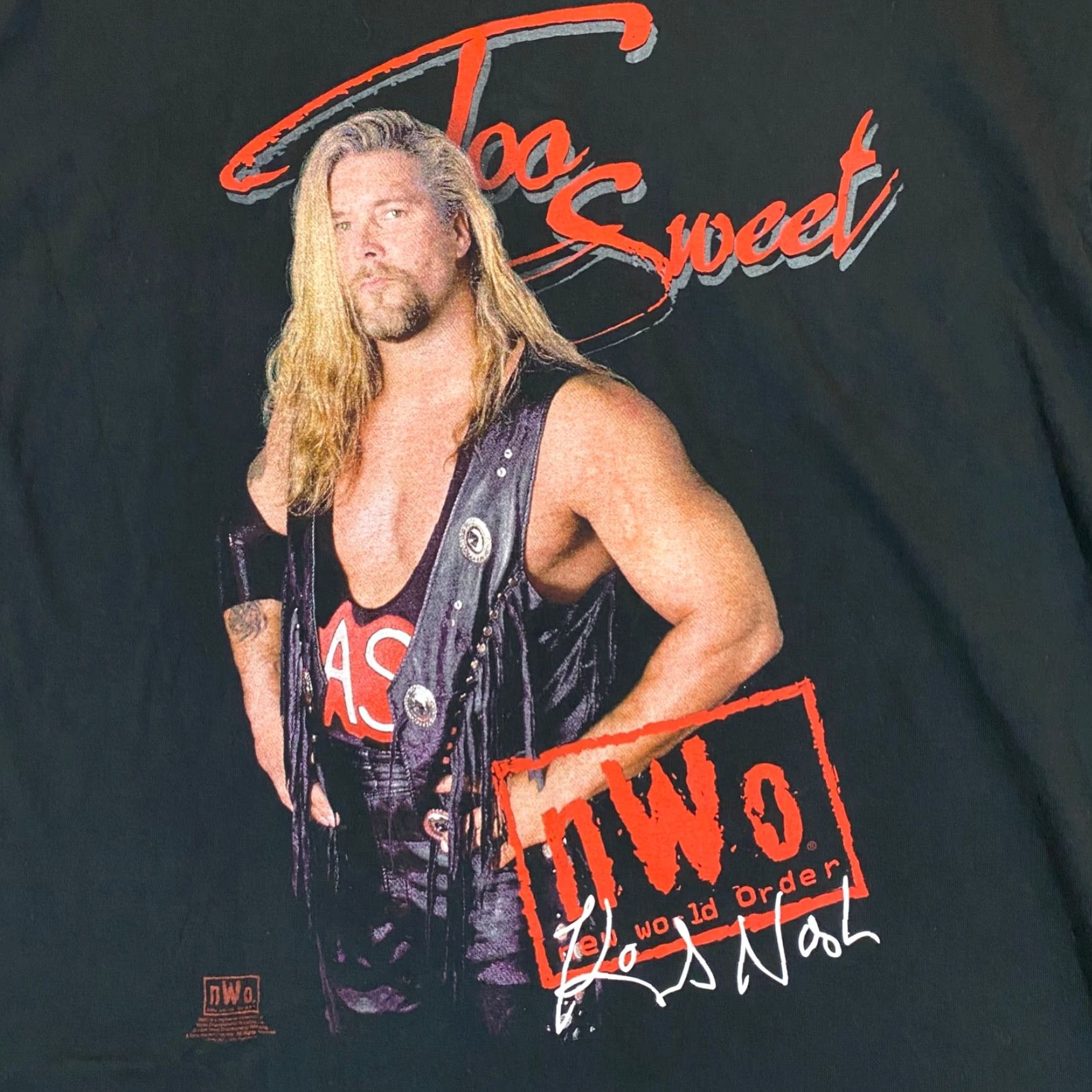 Vintage VINTAGE WCW 1998 WWF Kevin Nash Too Sweet NWO Mens 2XL T-Shirt Black Cotton Short Sleeve Crew Neck 90s Logo Graphic Print Wrestling Mens Size US XXL / EU 58 / 5 - 2 Thumbnail