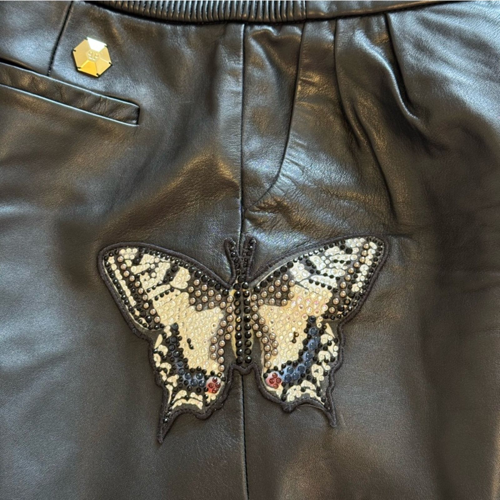 Philipp Plein PHILIP PLEIN Black Leather Shorts with Butterfly, Size S Size 26" / US 2 / IT 38 - 4 Thumbnail