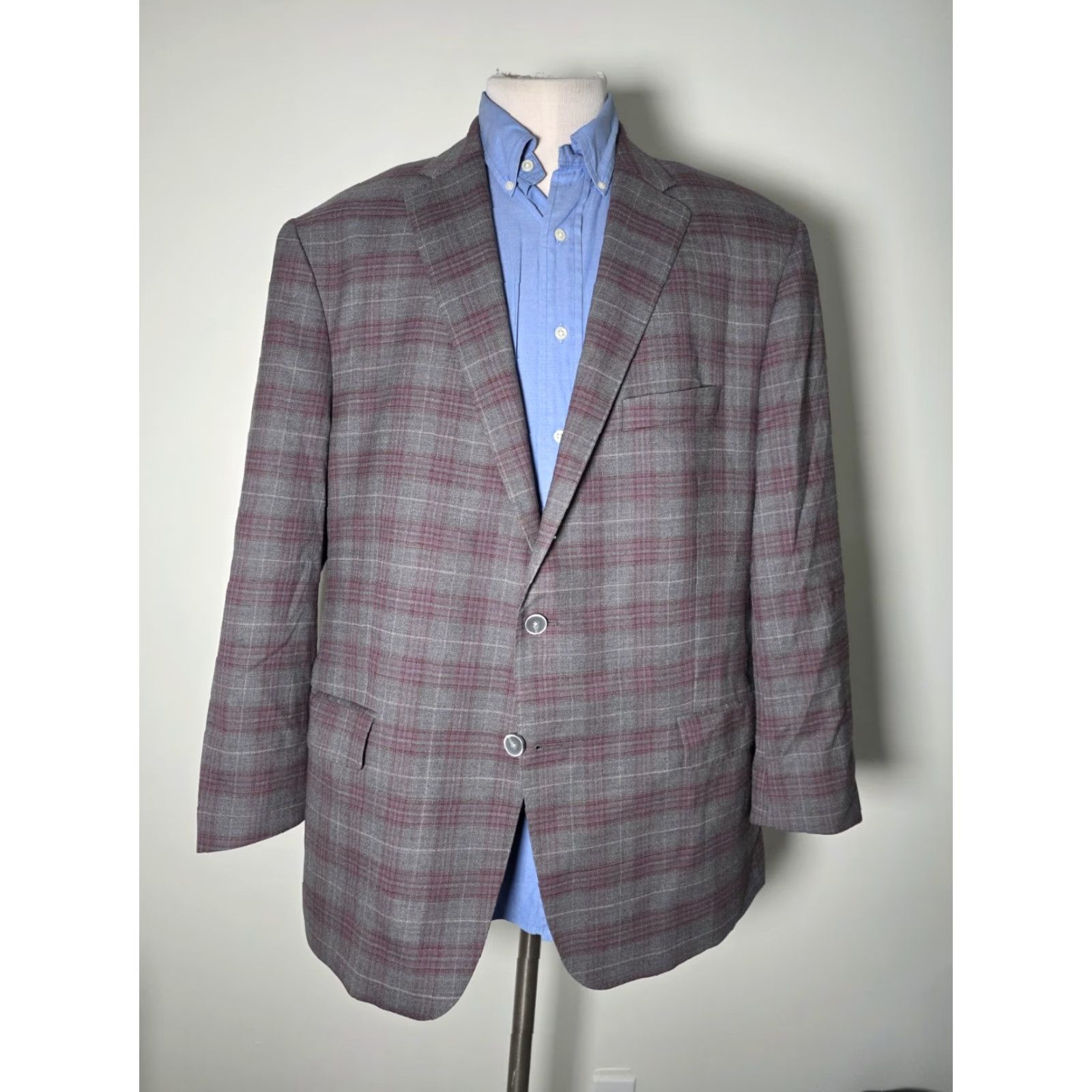 Hart Schaffner Marx Hart Schaffner Marx Sport Coat Jacket 48R Regular Wool Purple Gray Plaid Notch Two-Button Single-Breasted Mens Jacket Coat Size US M / EU 48-50 / 2 - 3 Thumbnail