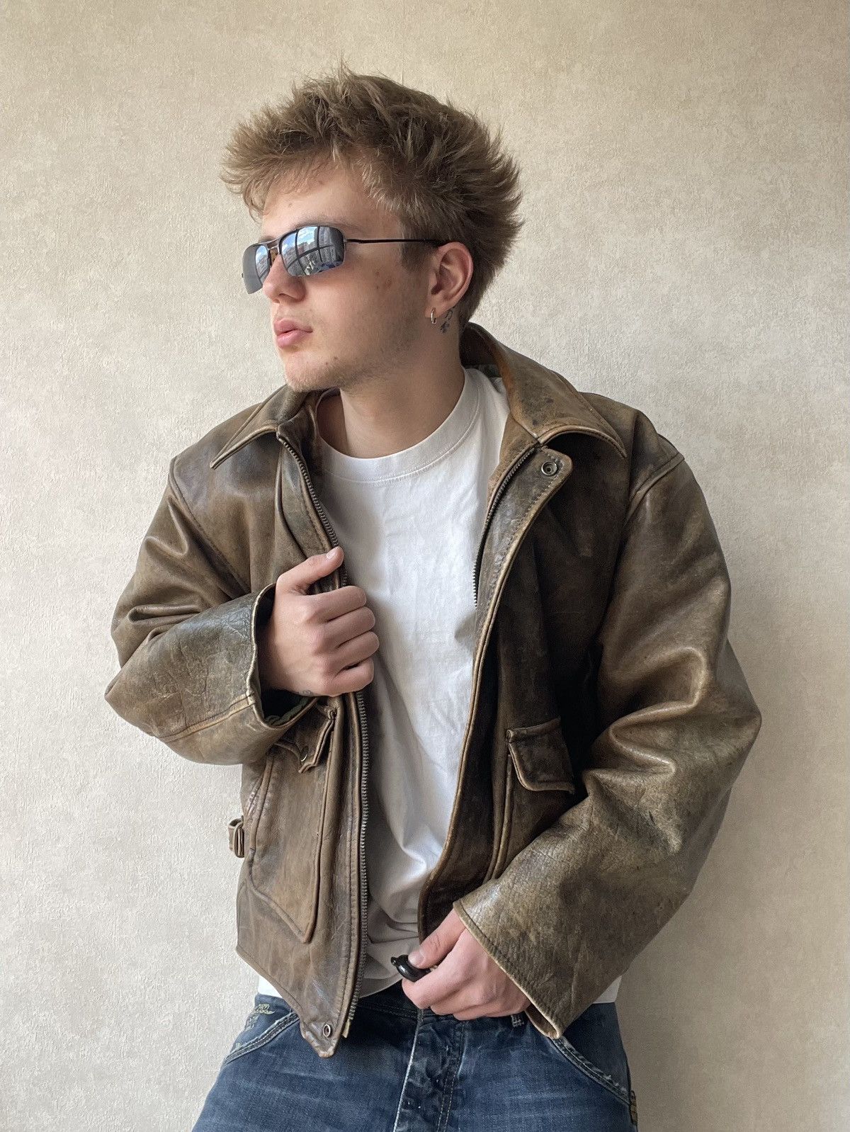 Streetwear × Vintage Vintage Y2K Trapper Brown Leather Bomber